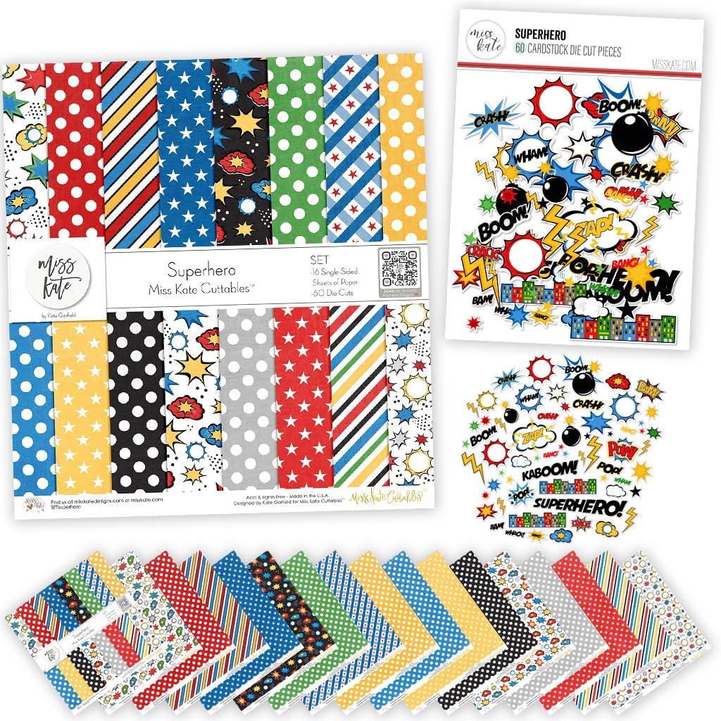 Die Cuts & Paper Set - Superhero - By Miss Kate Cuttables - 16 Single - Sided 12"x12" Premium Vellum Paper Sheets & OVER 60 Coordinating Die Cuts