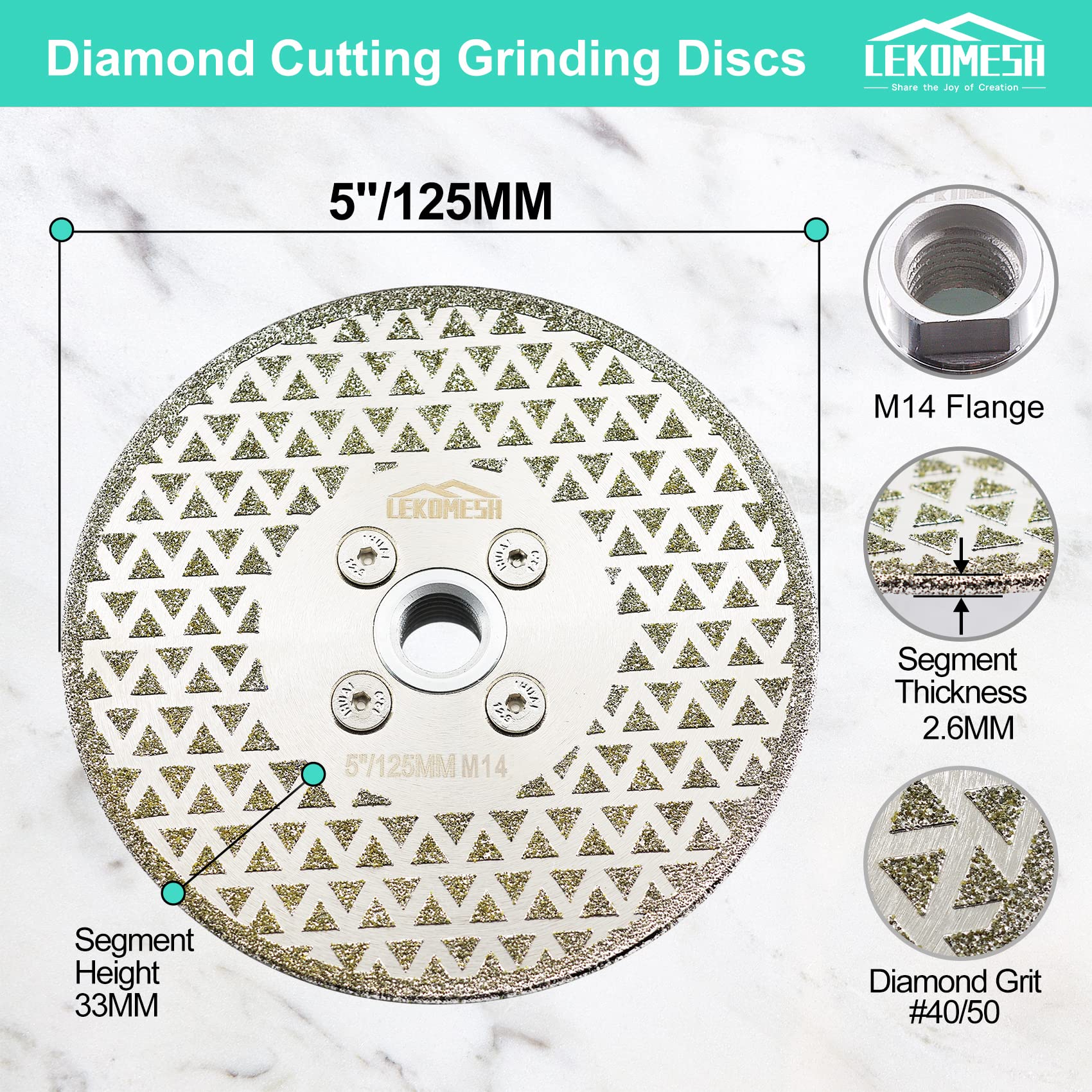 Discos de Diamante 125MM x M14 LEKOMESH - Doble Cara Disco de Corte y Rectificado Diamante para Granito Mármol Porcelana Cerámica Azulejos Piedra Artificial,Amoladora Angular