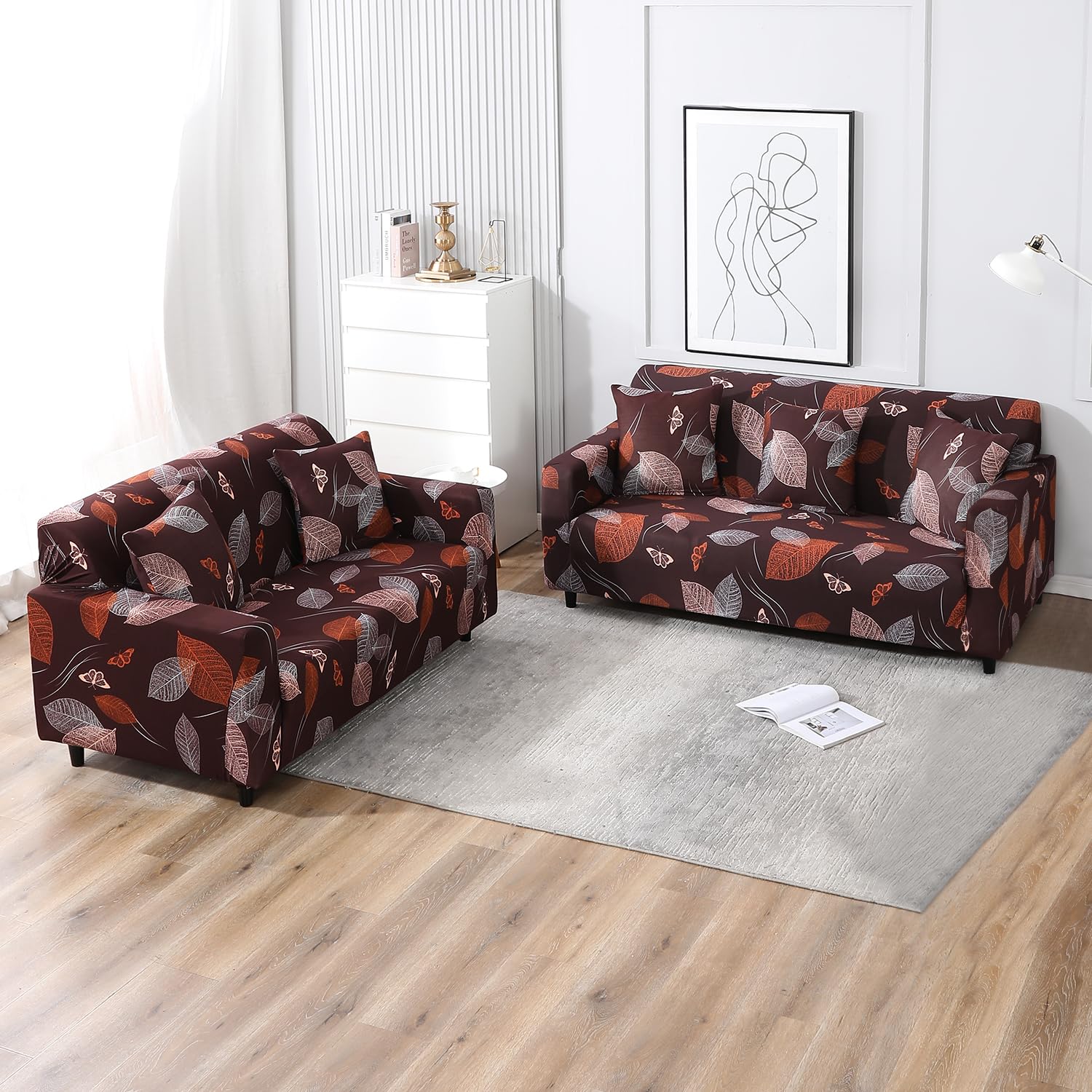 HOKIPO Polyester Blend Printed 5 Seater Fully Covered Sofa Cover in 3 Seater and 2 Seater Configuration, Dark Brown Leaf (AR-4094-D19 + AR-4095-D19)-image-44