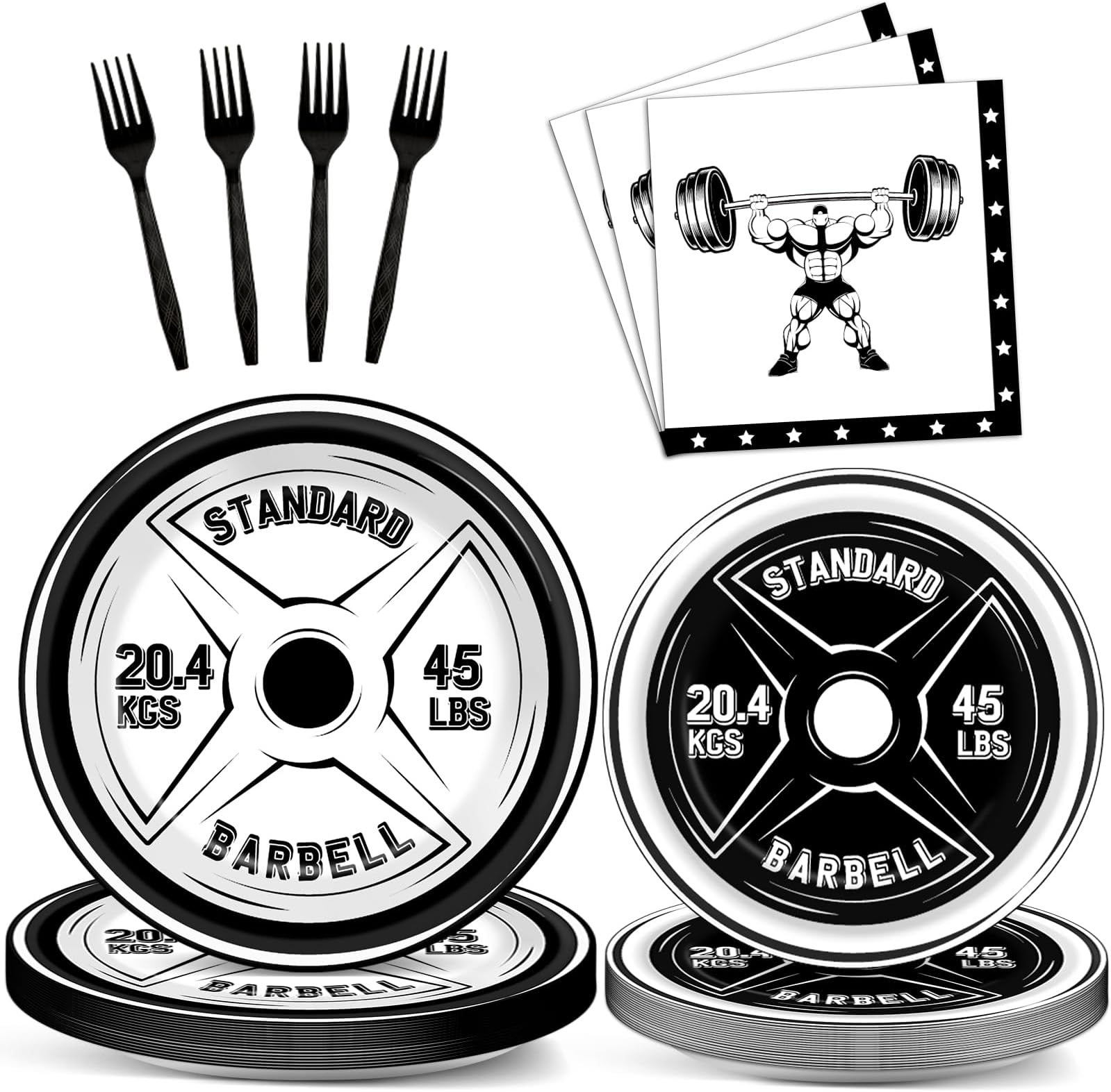 OBUSATT 96 Pcs Gym Birthday Party Supplies Bodybuilder Theme Paper Plates Weightlifting Party Plates and Napkins Forks Barbell Birthday Party Decorations for Gym Lovers and Weight Lifters Serves 24