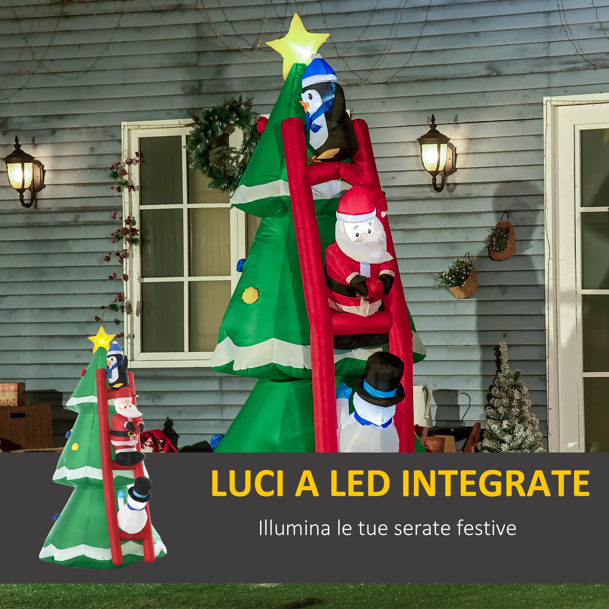 Outsunny Albero di Natale Gonfiabile 247cm con Babbo Natale e Luci LED | Decorazione Natalizia da Esterno e Interno, Gonfiatore Incluso