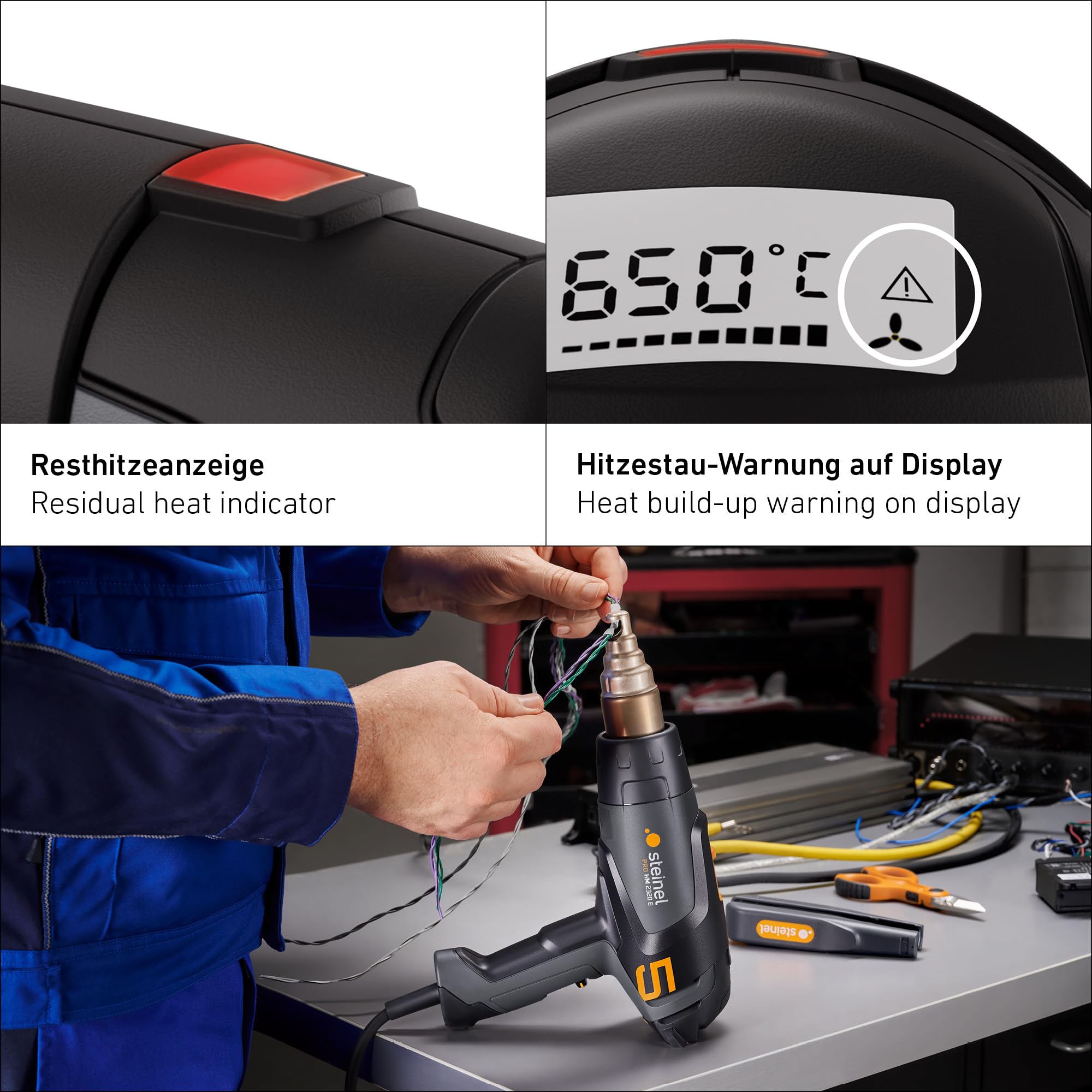 Steinel Heißluftpistole HM 2320 E Set, inkl. Düsen und Schrumpfschläuche, 2300 W Profi-Heißluftfön, 80°-650°C, LCD Display, Keramikheizung
