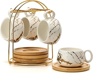 LUKA 7.77 oz Ceramic Cappuccino Cups with Bamboo Saucers and Metal Stand, Set of 4 Large Elegant Porcelain Coffee Cup for Latte, Cafe Mocha, Tea, Espresso, Dishwasher Safe, Marbling White