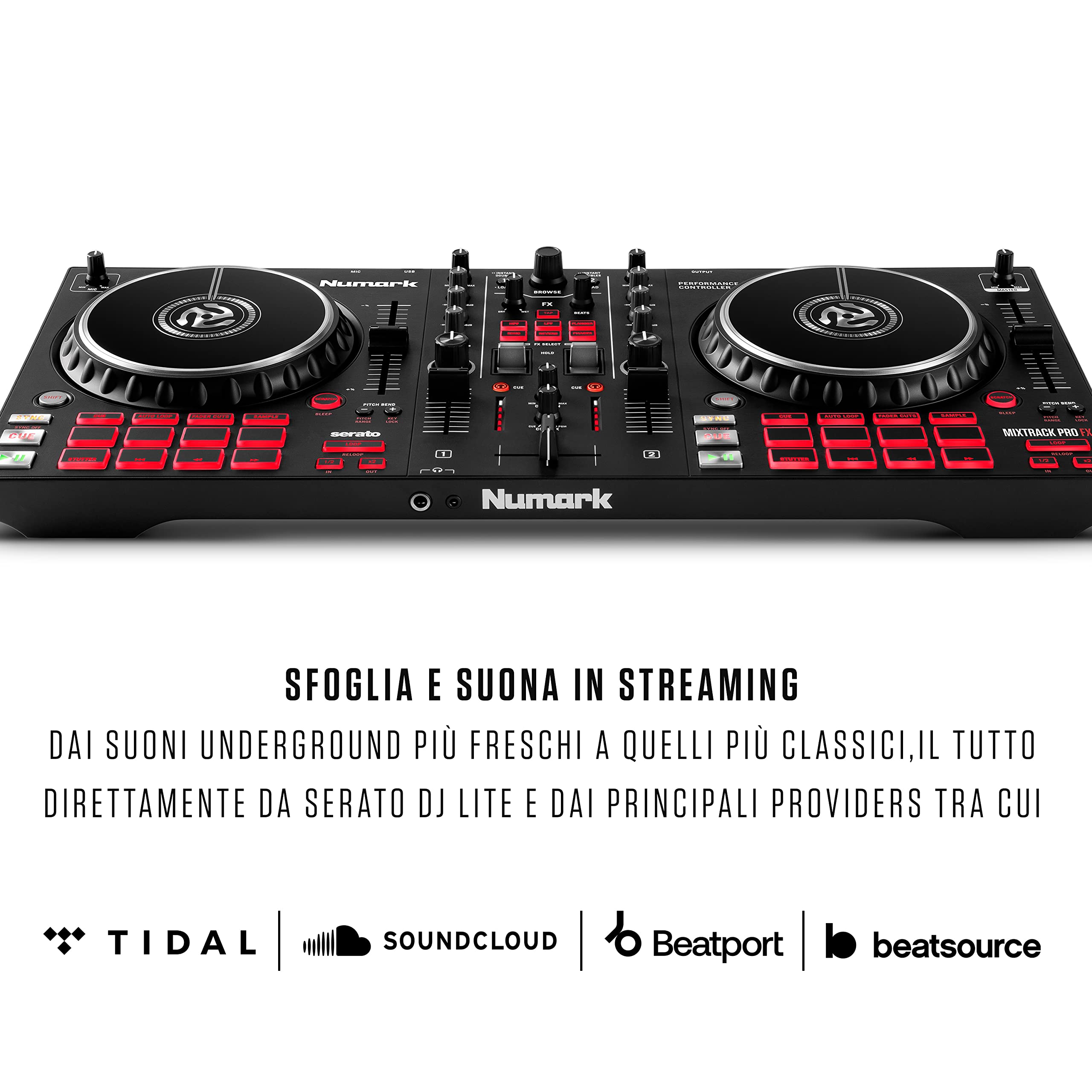 Numark Mixtrack Pro FX + SoundSwitch DMX Micro Interface – Console DJ con 2 deck, Mixer DJ, Scheda Audio, Jog Wheel Capacitive e FX + Interfaccia Compatta USB-DMX