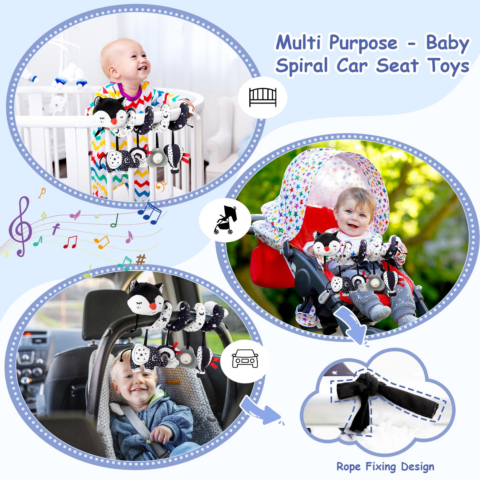 Funsland Giocattolo a Spirale Passeggino Neonato - Giochi Bianco e Nero Neonati Peluche Giocattolo con Musica per Culla Neonato/Seggiolino Auto, Giochi Passeggino Regalo per 0 3 6 Mesi, Volpe