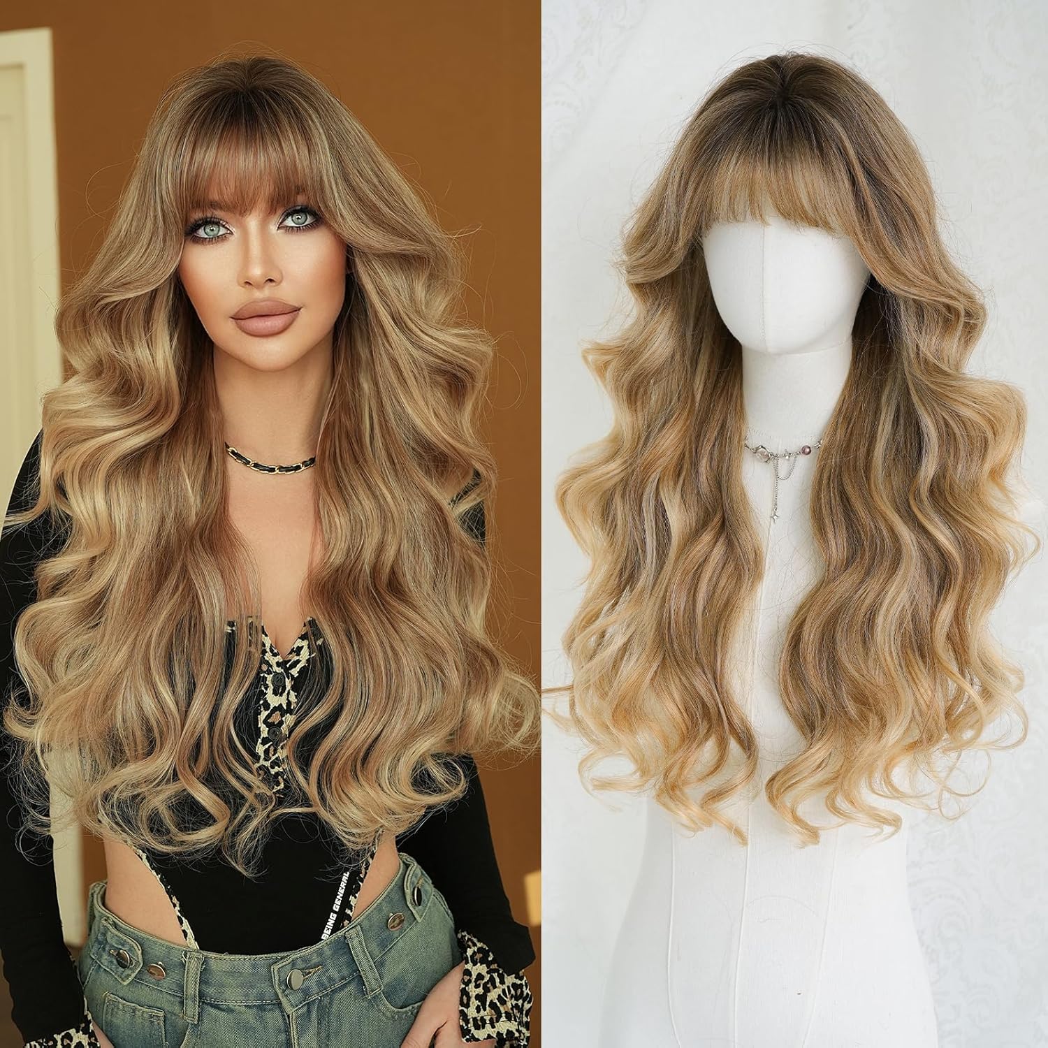 7JHH WIGS 28in Long Curly Blonde Brown Ombre Wigs with Dark Roots Long Curly Afro Big Bouncy Fluffy Synthetic Fiber Glueless Heat Resistant 150% Density Culry Wave Wig for White Women Daily Used