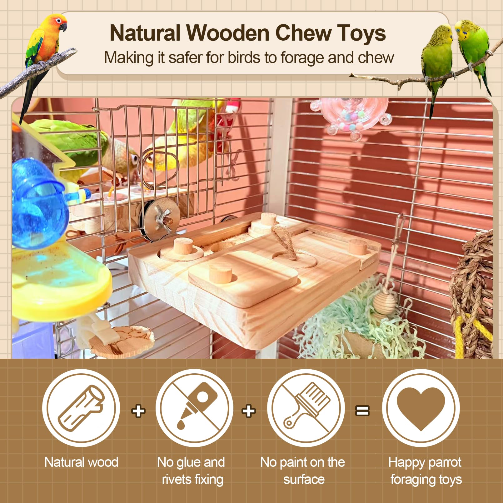 2PCS Wooden Bird Foraging Puzzle Toys Interactive Parakeet Enrichment Foraging Toy for CageBird Slow Feeder Parrot Chewing Toy for Pets, Bird Perches Stand for Sun Conure and Small Sized Birds - image 2