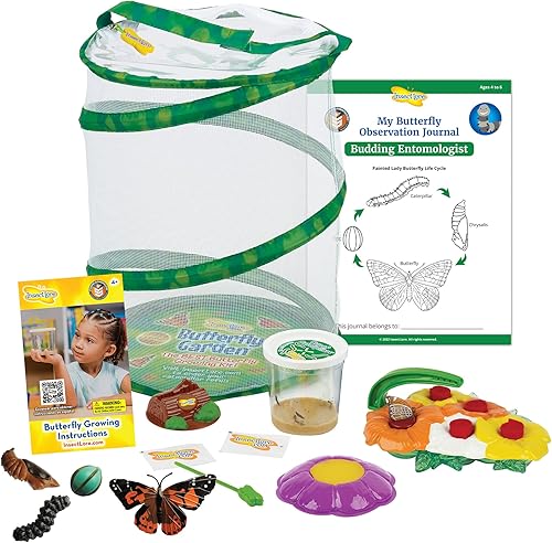 Butterfly Garden Habitat original y taza viva de orugas, con comedero de mariposa de lujo y etapas de ciclo de vida de mariposa