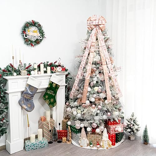 Miniatura 5 de Decoración para árbol de Navidad con lazo de purpurina de 53 x 13 pulgadas con serpentina de cinta, copo de nieve rosa y dorado rosa
