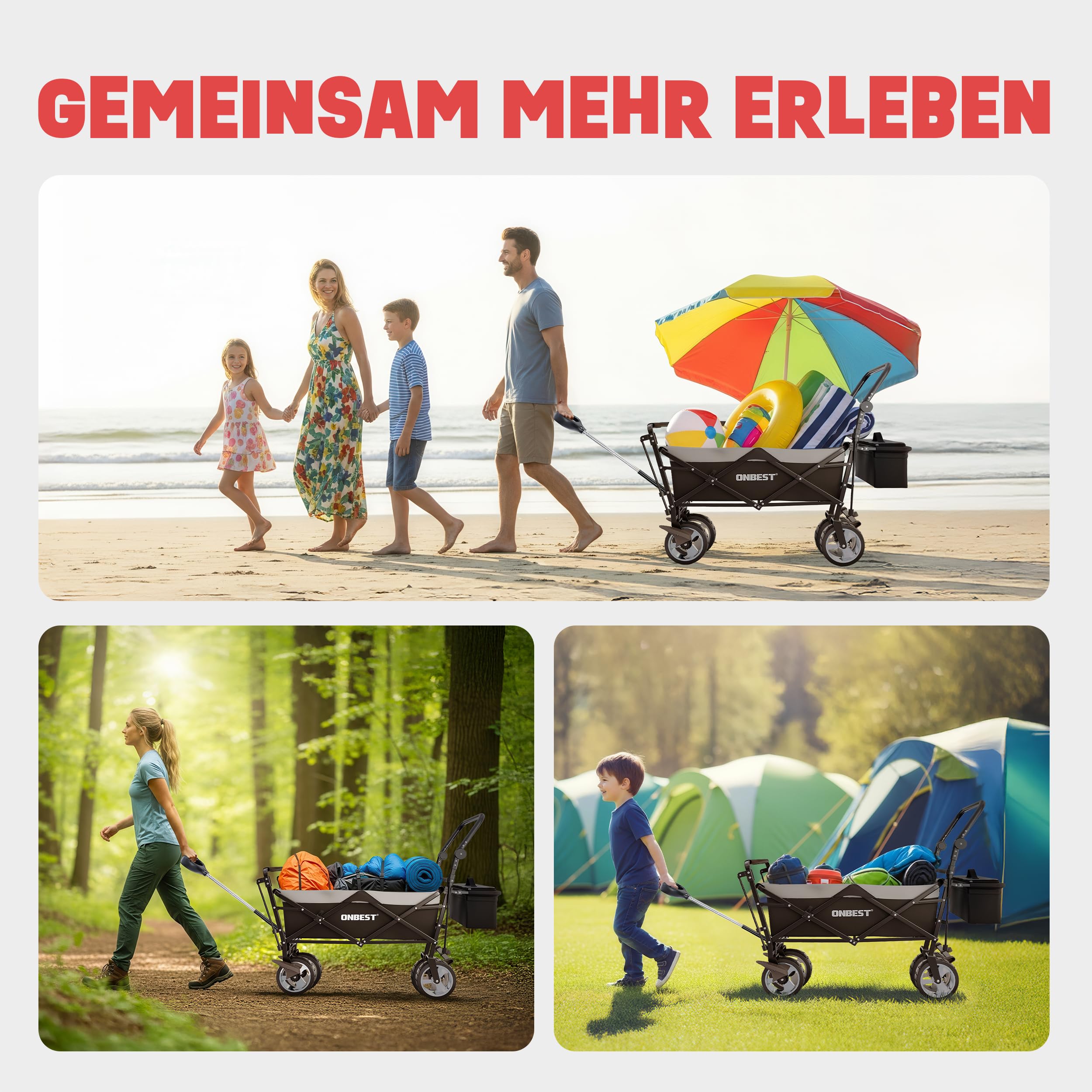 ONBEST Bollerwagen faltbar – Faltbollerwagen mit Dach, Schwarz | Klappbarer Strandbollerwagen mit Regenschutz, Sonnenschutz-Dach, Kühltasche & Becherhalter für Outdoor und Camping