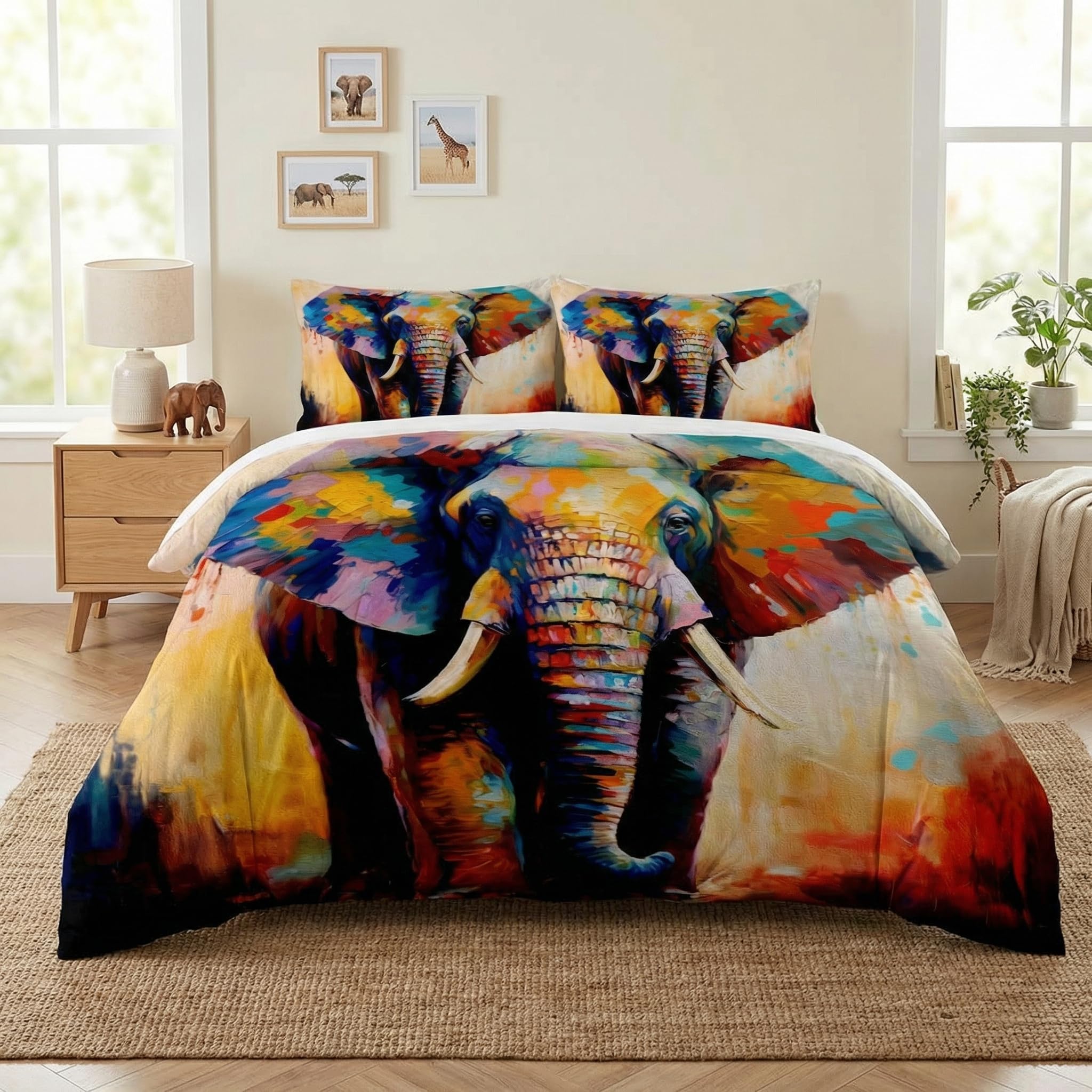 Queen Size Comforter Set with 2 Pillowcases, Painting Colorful Elephant Soft 3 Pcs Bedding for Kids and Adults Bedroom Bed Decor