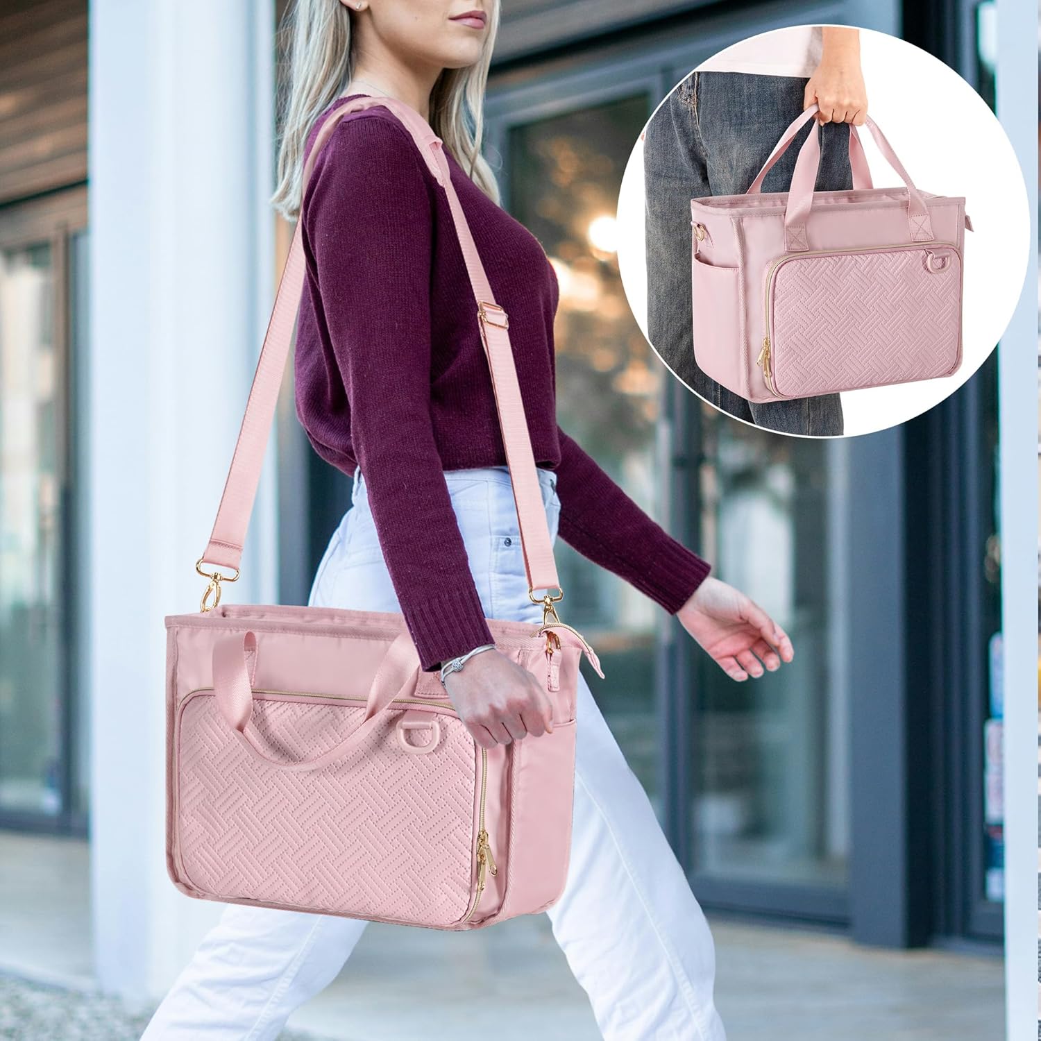 Teacher Tote Bag for Women, Work Tote Bag with Pocket for College and Office, Pink - Image 2