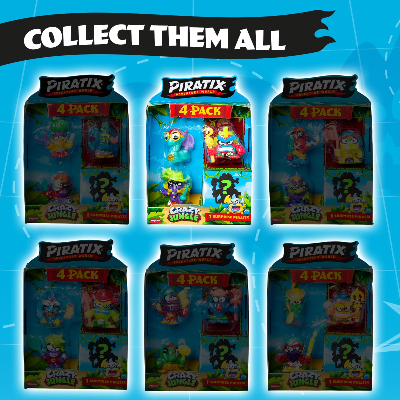 PIRATIX ADVENTURE WORLD Seria Crazy Jungle, 4 Pack – zestaw zawiera 4 figurki Piratix: 1 z efektem neonu i 1 niespodziankę oraz 4 akcesoria z efektem neonu. Zestaw 2 z 6