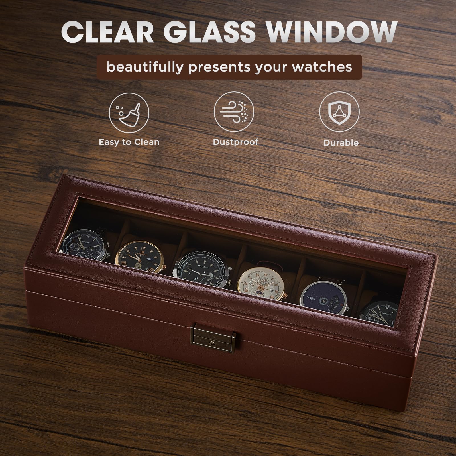 Scatola porta orologi a 6 scomparti per uomo, organizer per orologi da uomo in pelle PU con morbido cuscino, contenitore per collezione di orologi con chiusura a chiave e coperchio in vetro,