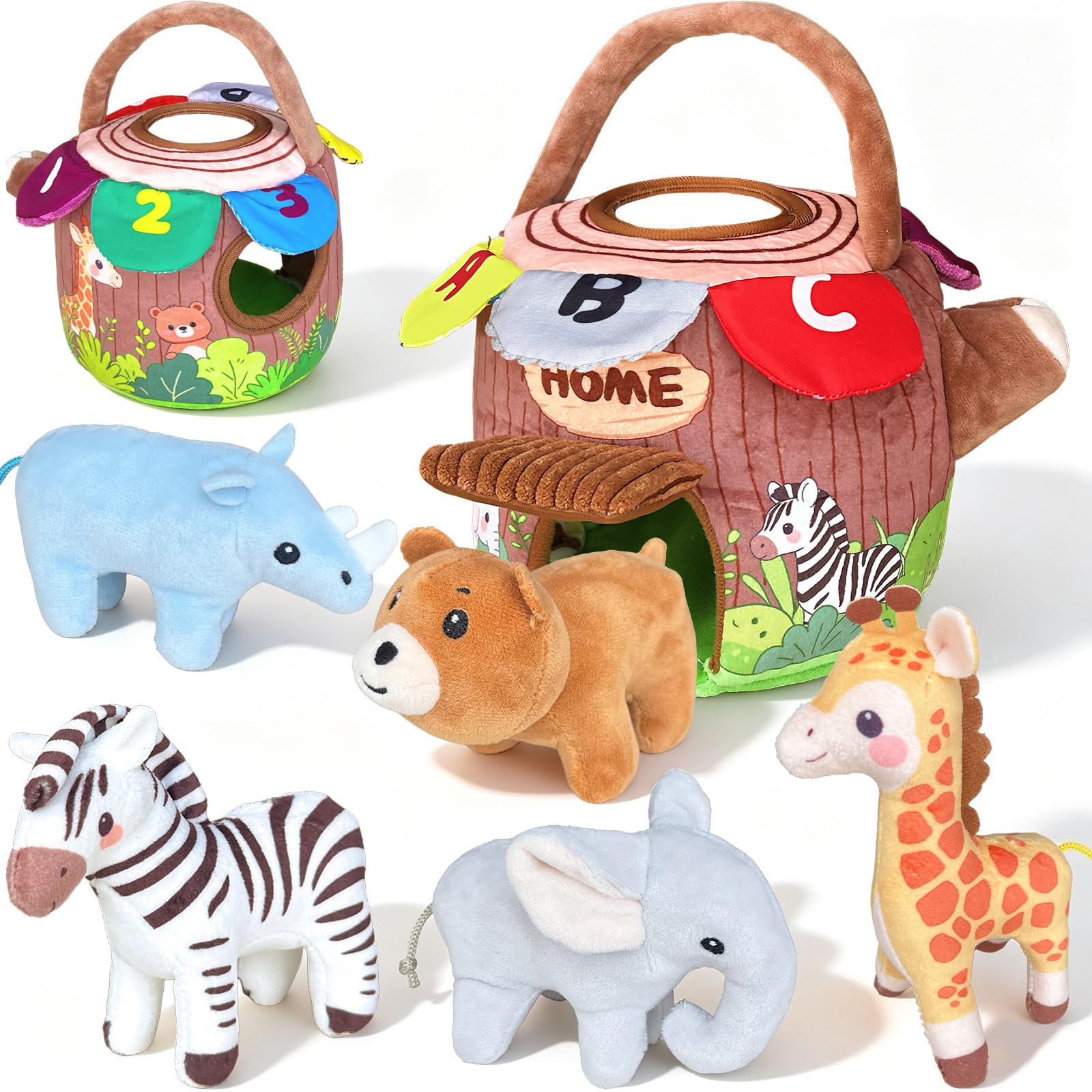 Kulveanju Baby Toys 6-12 Months - Soft Tree Stump House with 6 Sensory Animal, Rattle, Crinkle Paper, Squeaker, Mirror and Teething Toy, Busy Montessori Sensory Toys Gifts for Babies Toddlers