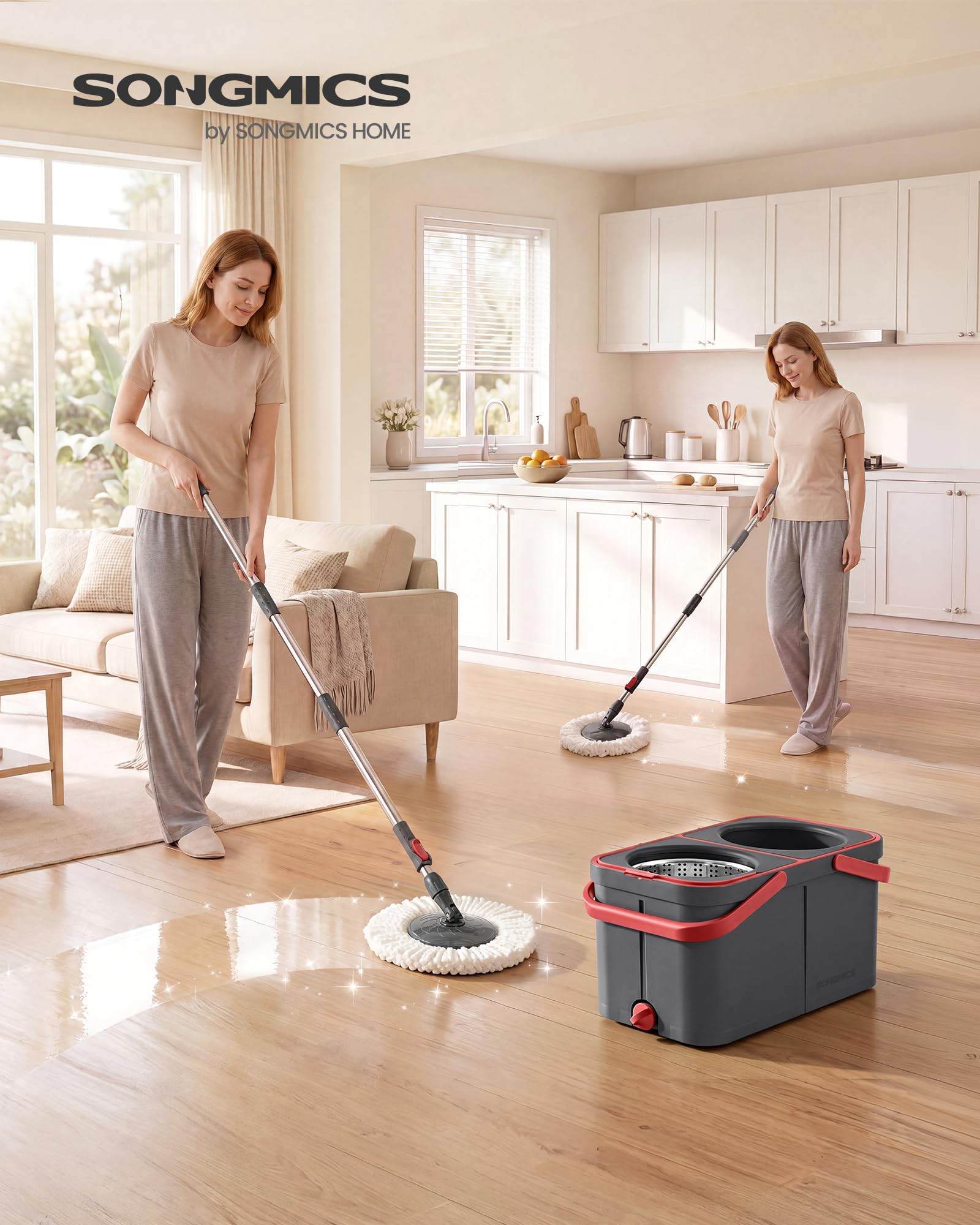 SONGMICS Mop Obrotowy z Wiadrem, 2 Nakładki z Mikrofibry, z Kółkami