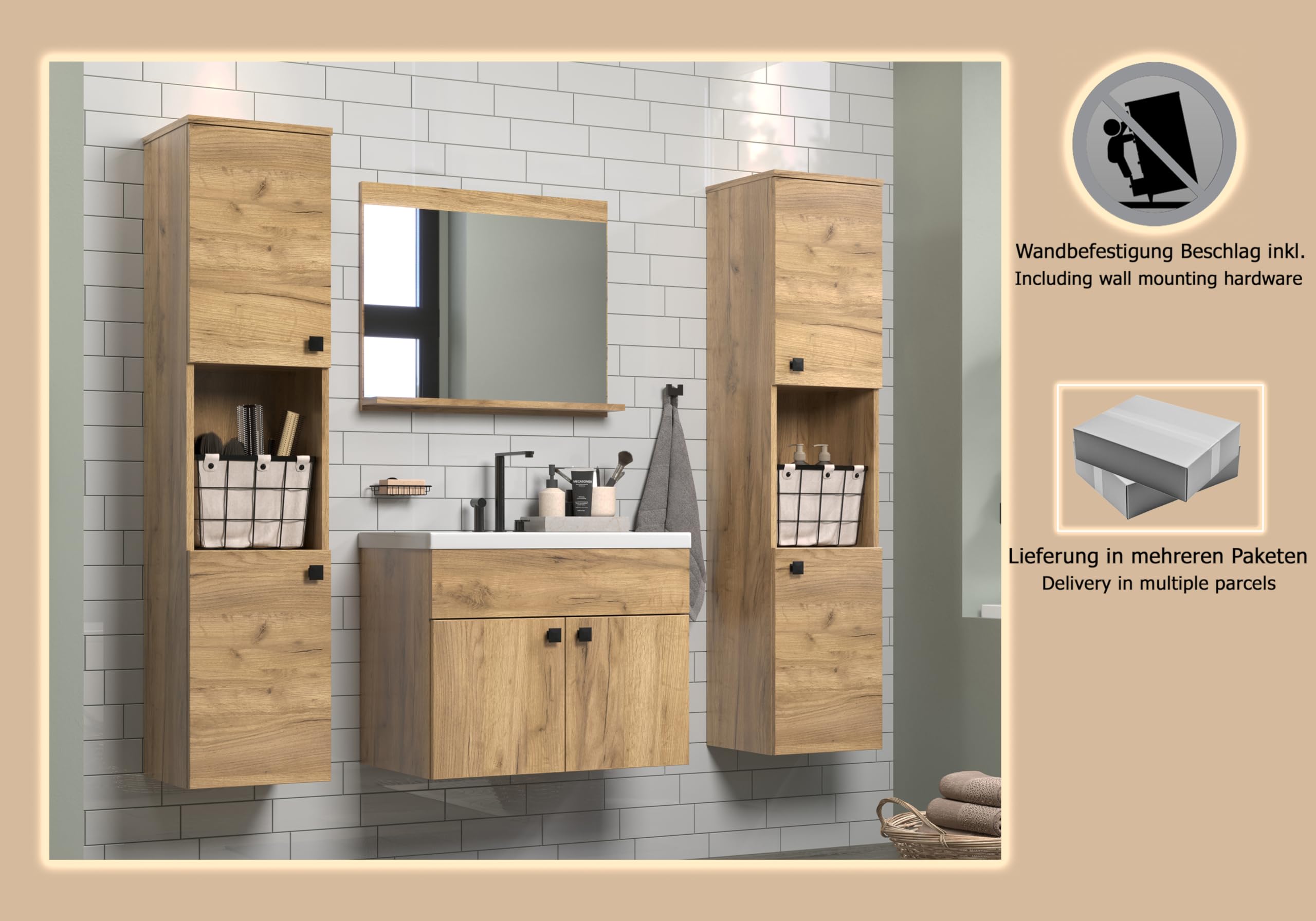 trendteam smart living - Haven - zestaw mebli łazienkowych - dąb - (szer. x wys. x gł.) 142 x 133 x 40 cm - wisząca szafka pod umywalkę wraz z ceramiczną umywalką wkładaną 2 wysokie szafki 1 lustro