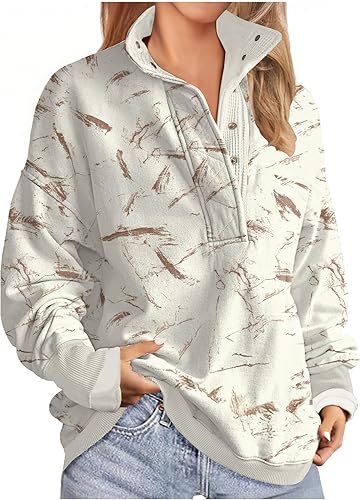 Soesdemo Oversized Sweatshirts for Women No Hood Mock Neck Fleece Lined Waffle Long Sleeve Button Pullover Tunic Sweatshirt