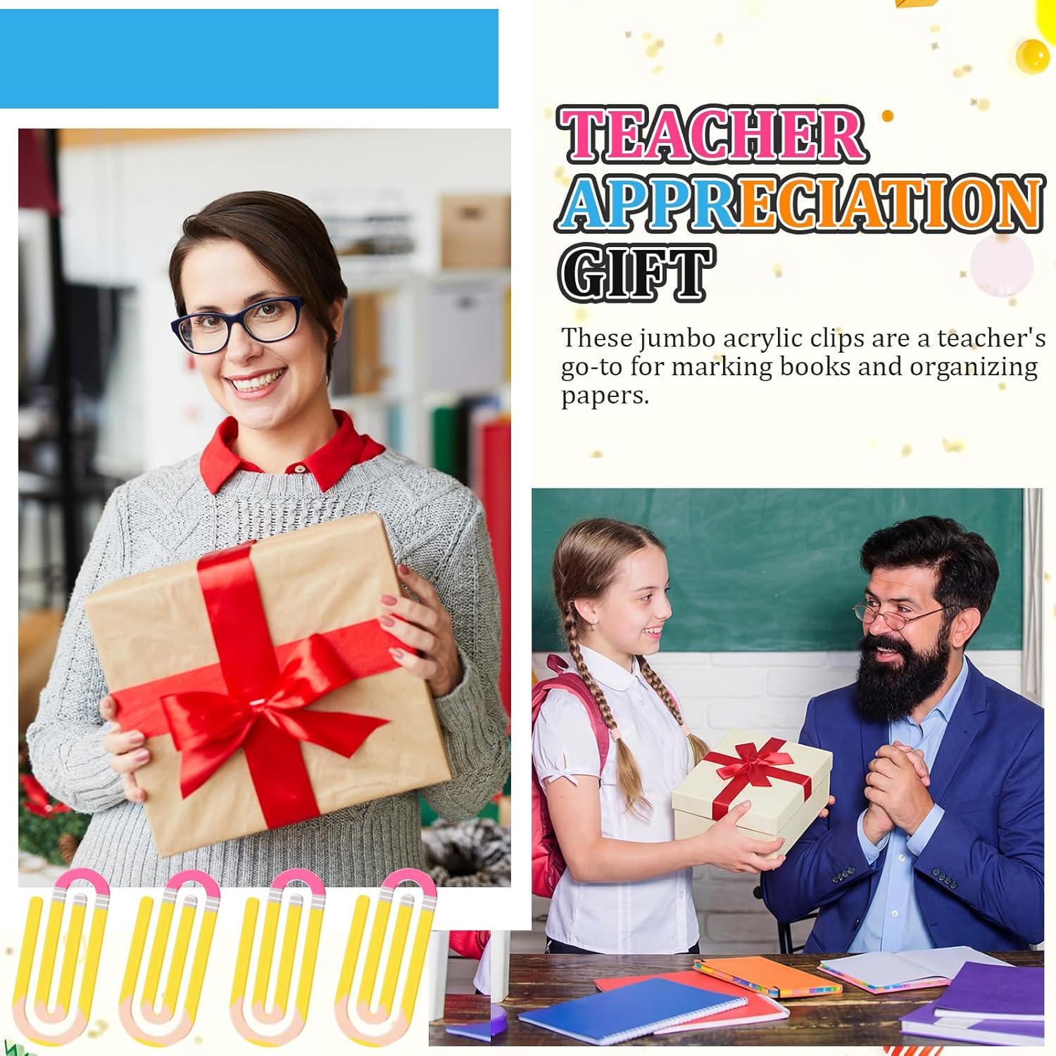 AmazingSpark 36 Pcs Teacher Appreciation Gifts Jumbo Acrylic Paper Clips Teacher Gift Bulk Office Bookmark Operation Cute 4 Inch Large Paperclip Classroom School Supplies (Pencil Style)