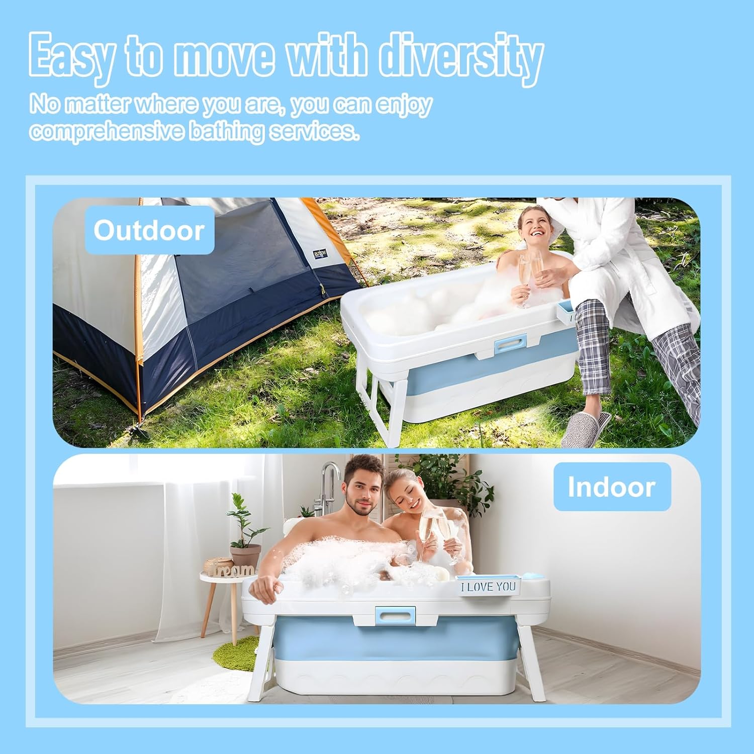 Portable Foldable Bathtub,Foldable Soaking Bathtub for Adults, Freestanding Bathtubs, Hot Bath Tub, Ice Bath, Family Bathroom SPA Tub 51x24x21inch (Panda)(Blue) Blue