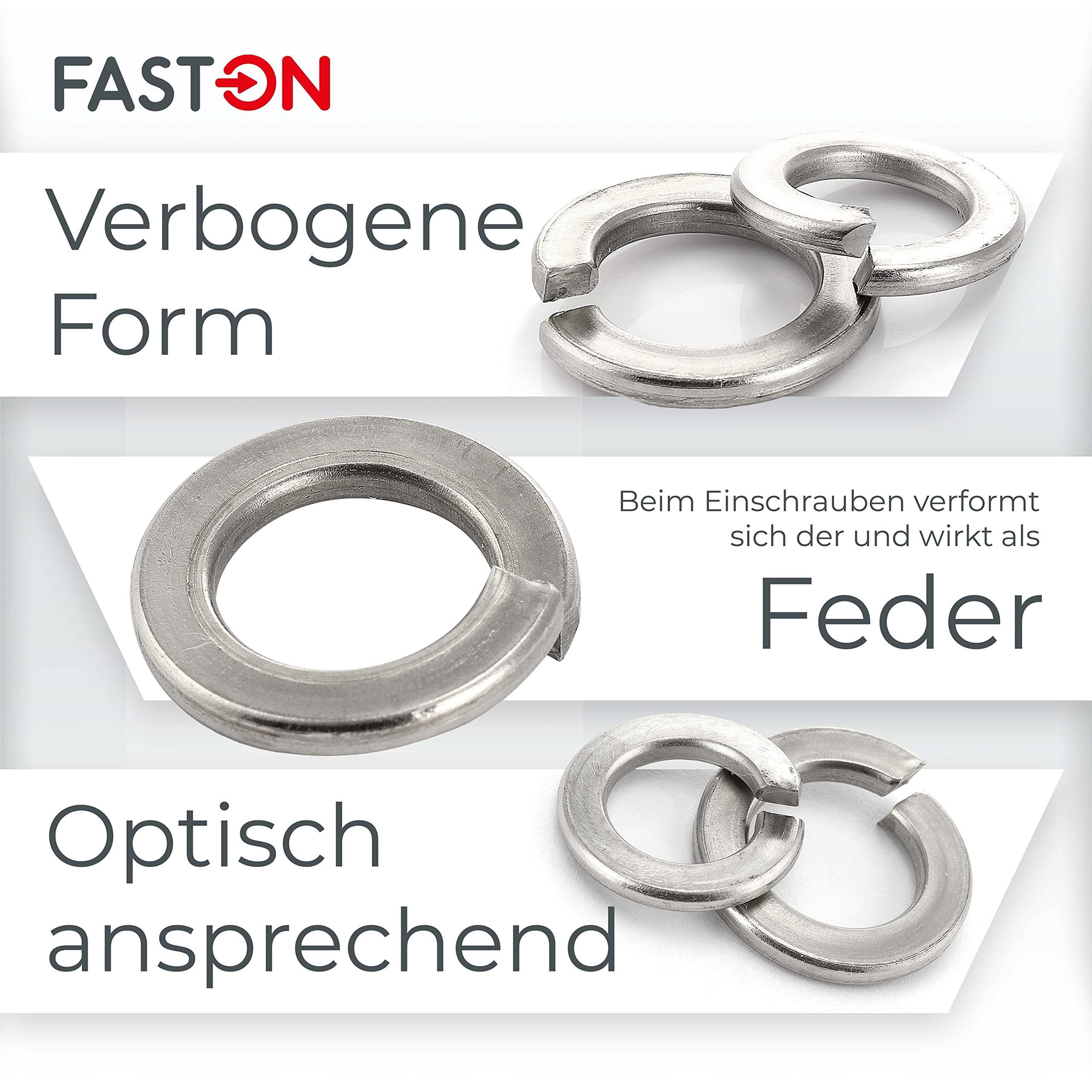 FASTON® Federscheiben M8 Edelstahl A2 V2A (500 Stück) DIN 127 Federringe Sprengringe Unterlegscheiben Beilagscheiben Sperringe Federscheibe Federring Beilagscheibe