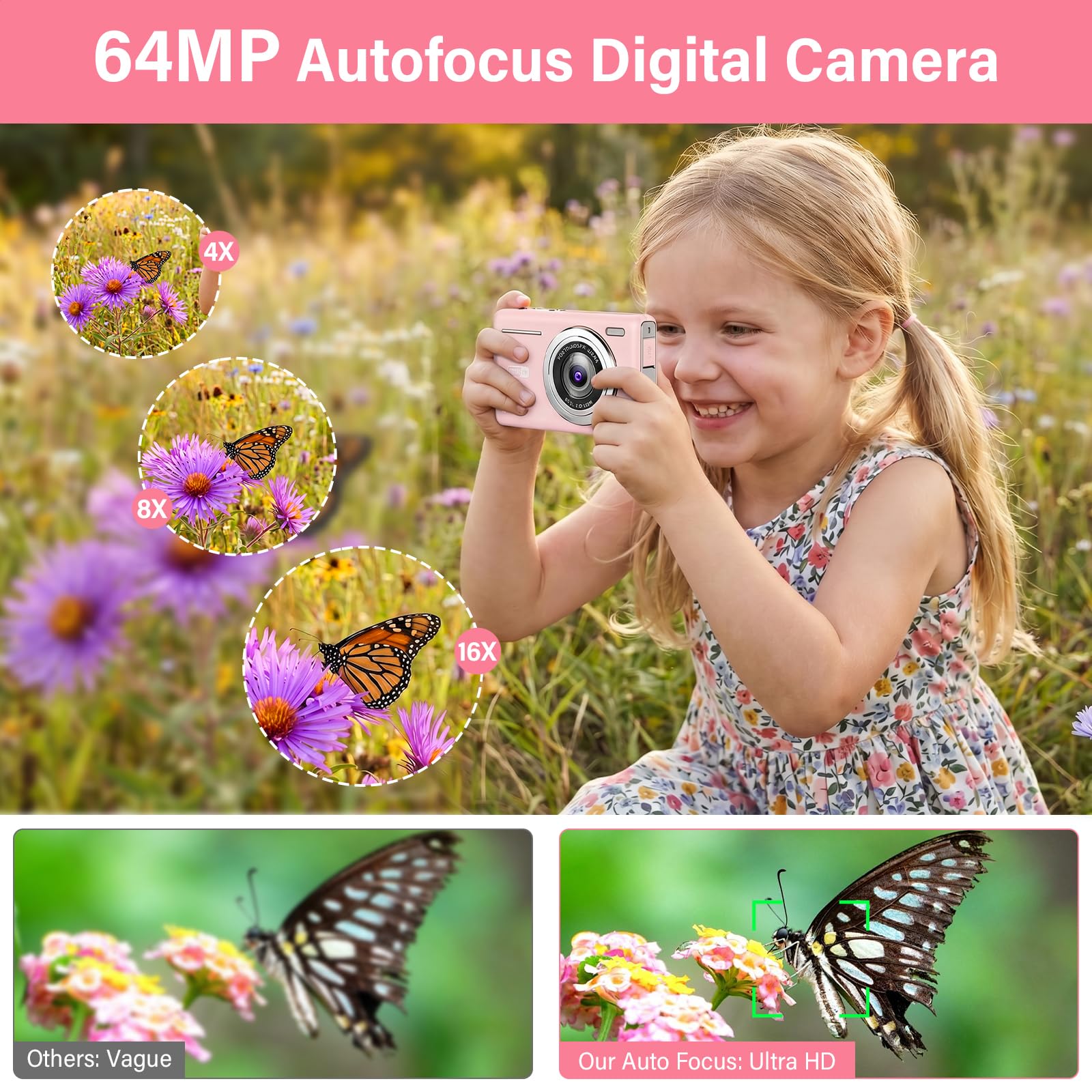 Macchina Fotografica Digitale 64MP 4K Fotocamera Digitale con Doppia Fotocamera, Zoom Digitale 16X, Macchina Digitale Compatta con Scheda da 32GB per Bambini Studenti Principianti (Rosa)