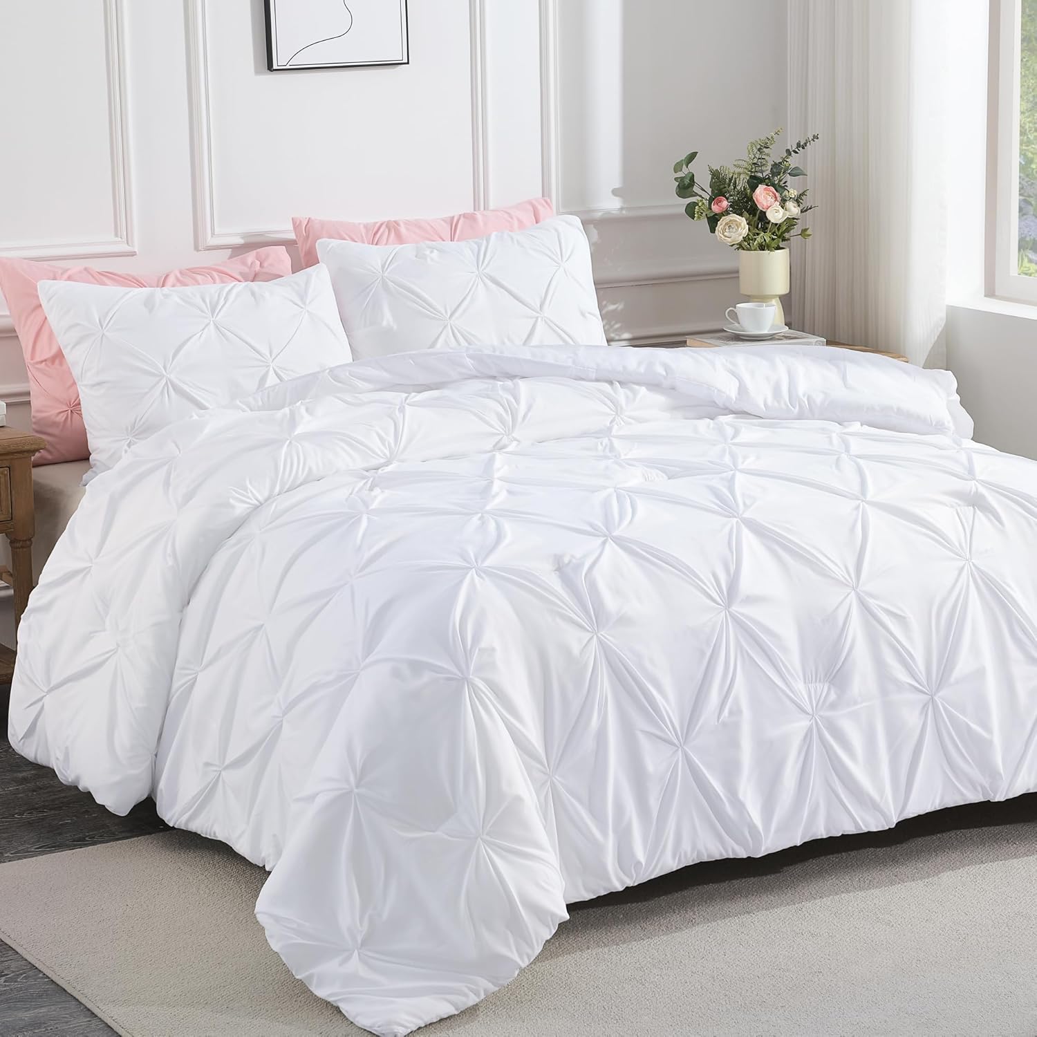 Andency White California King Comforter Set (104x96Inch), 3 Pieces Cute Pinch Pleat Cal King Bedding Comforters & Sets, Oversized Pintuck Soft Down Alternative Bed Set for All Season