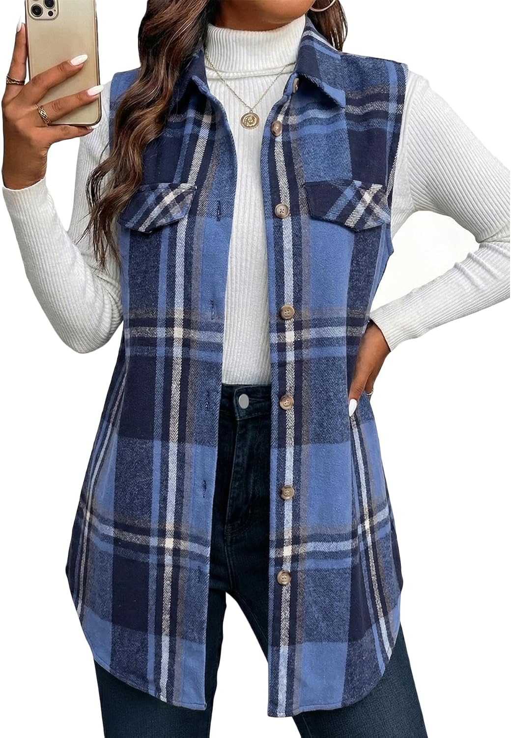 Mina Self 2025 Women's Flannel Plaid Vest Jackets- Fully-Lined Sleeveless Warm Long Casual Fashion Outerwear with Pockets - Image 3