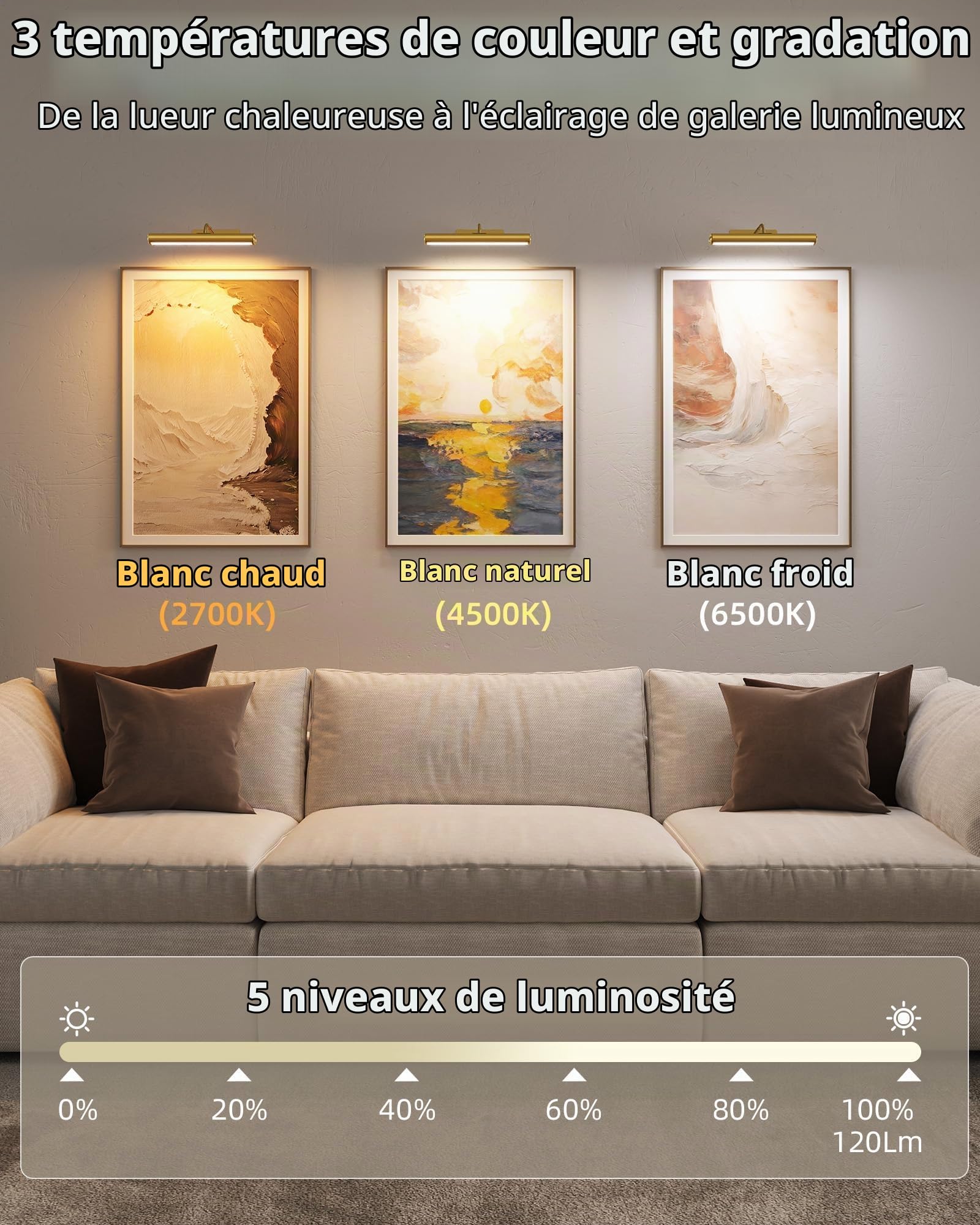 EZVALO Applique Murale pour Tableaux, Éclairages Murales à Batterie Rechargeable, 3 Températures de Couleur et Intensité Réglable, Télécommande, Minuterie, Lampe LED pour Peintures et Photos