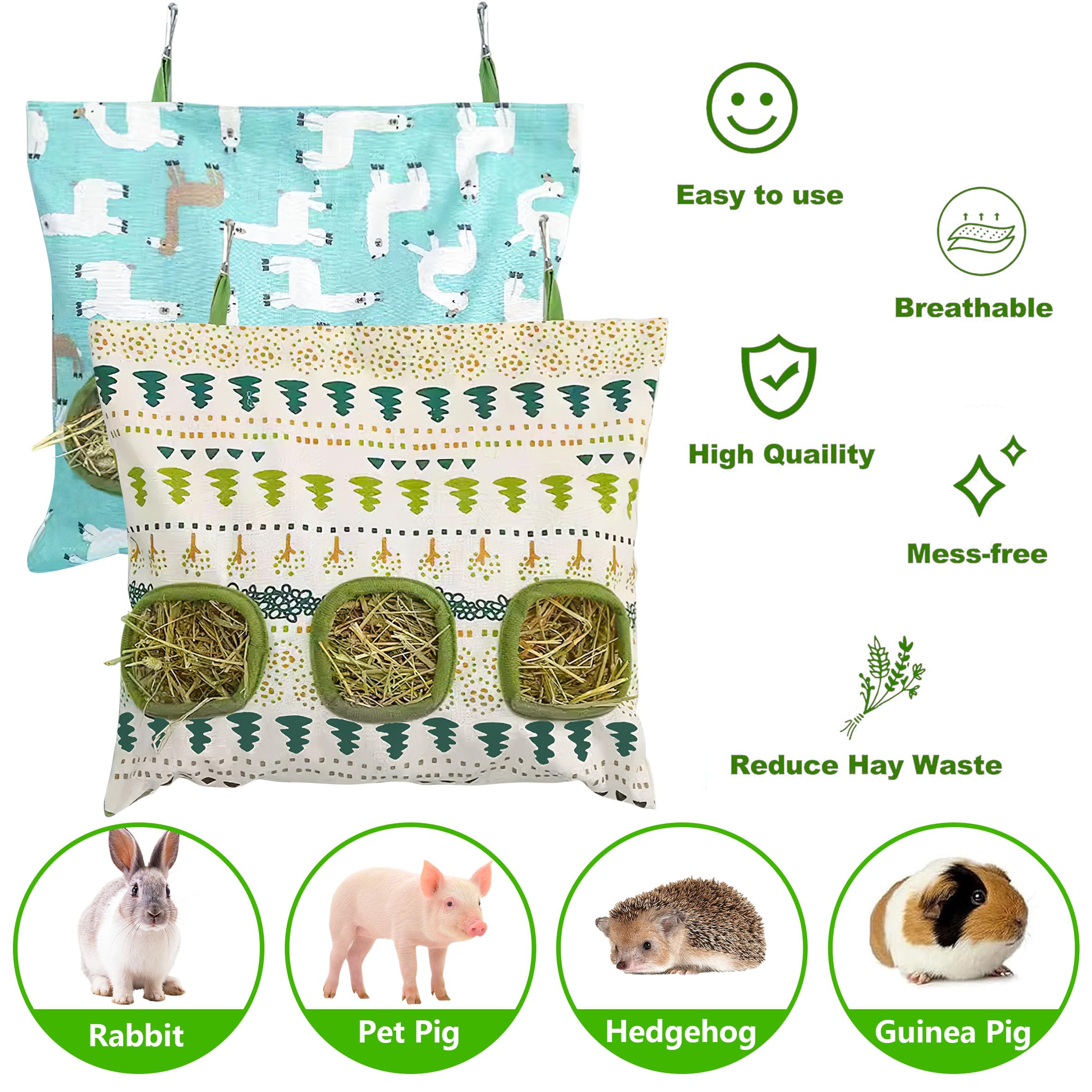 Lesnala 2pcs Bunny hay feeder Rabbit hay feeder bag Hanging guinea pig hay bag Large capacity cotton canvas fabric hay bag for Rabbits Bunny Chinchillas Hamsters and Other Small Pets(3 Holes,2 styles) - image 5