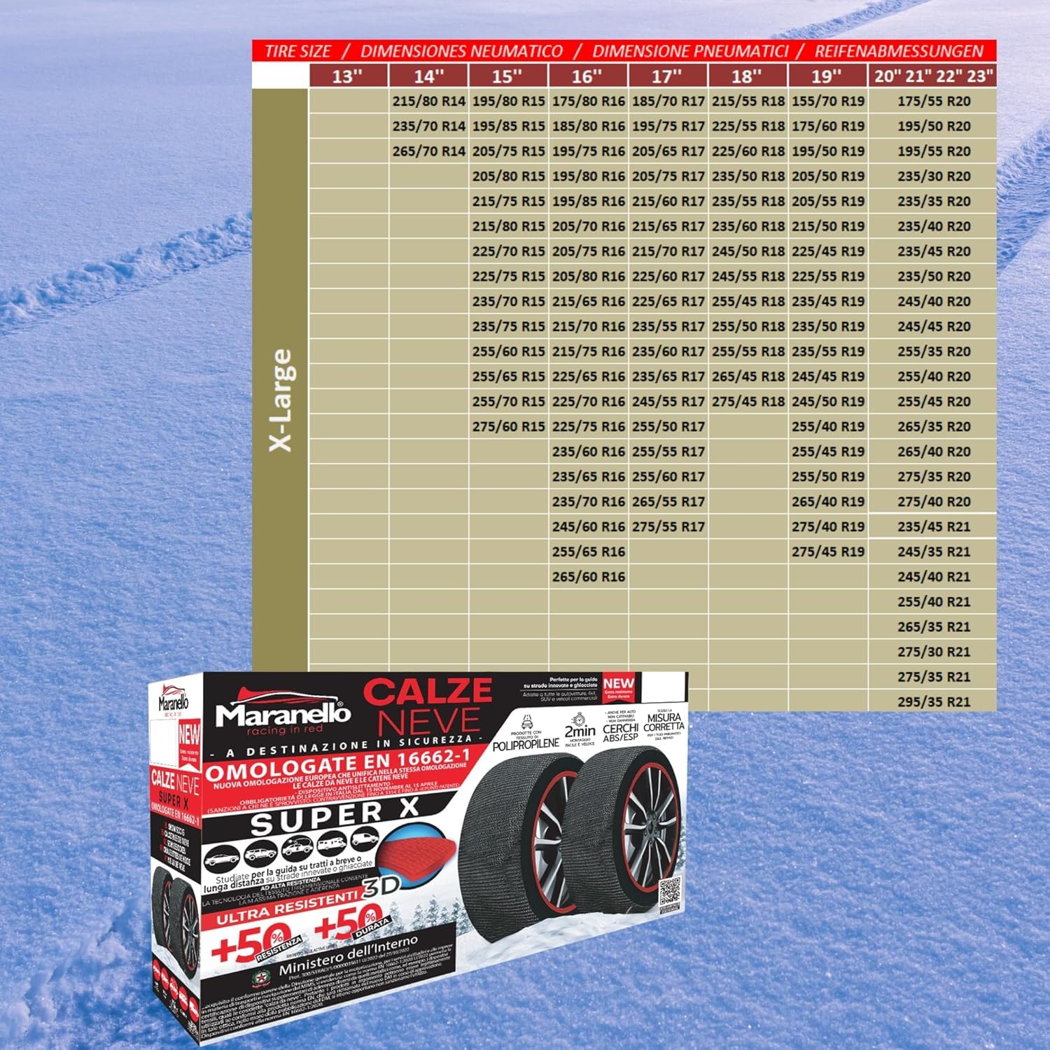 Schneesocken Reifensocken Snow Socks Textilschneeketten - Maranello Super X - Größe XL - geprüft nach EN 16662-1:2020 - einfache Montage in 2 Minuten - Anti-Rutsch Winterketten - Textil Schneeketten