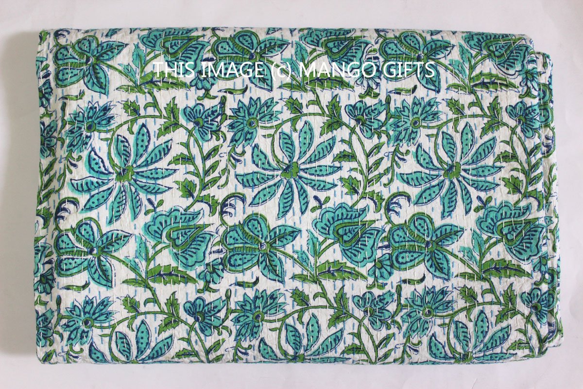 Couvre-lit Kantha Ikat fait main en pur coton indien Queen Size de Mangue Gifts