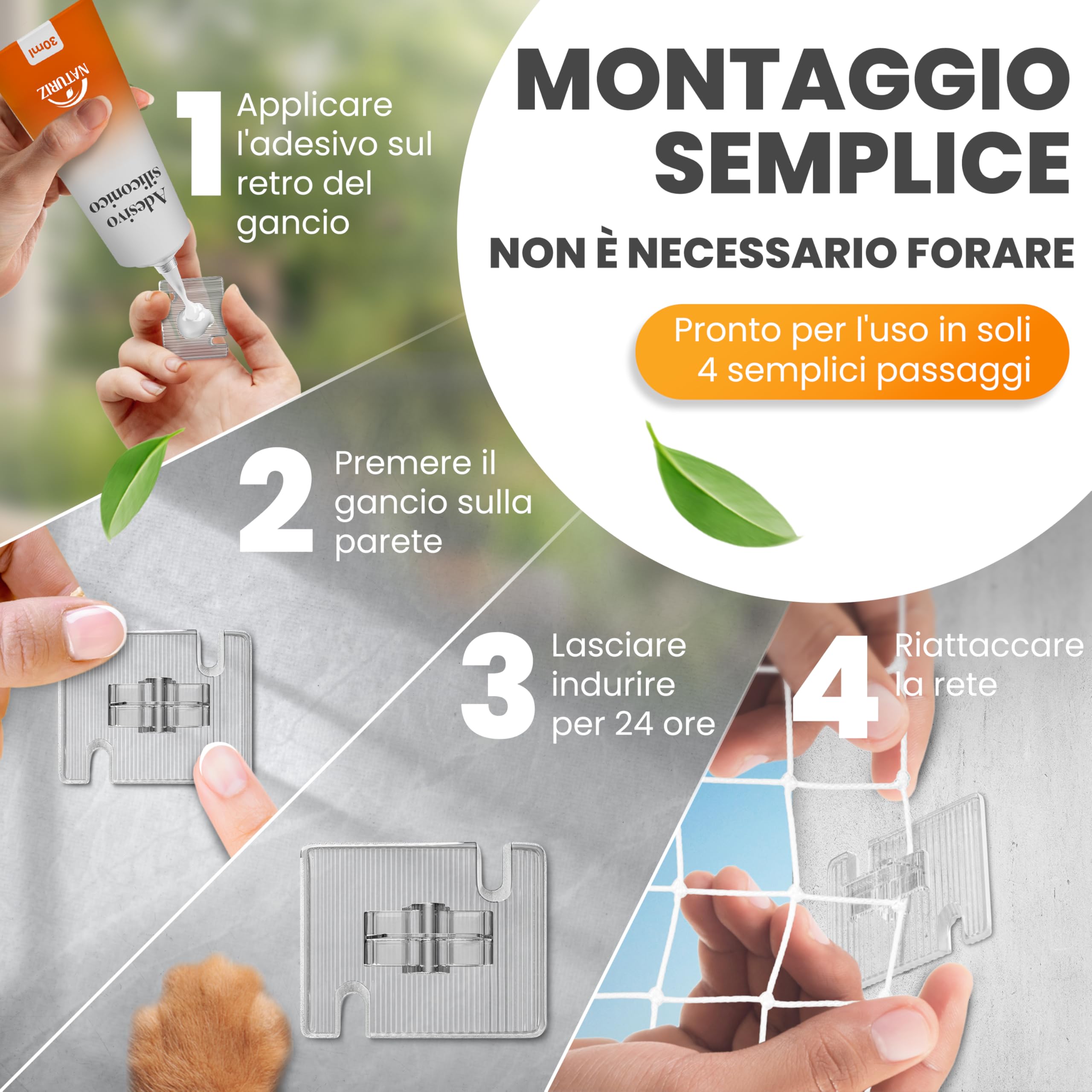 Naturiz Rete per gatti per balcone senza foratura, 3 x 4 m, rinforzata con filo trasparente/bianco, griglia per gatti con gancio adesivo – Rete di protezione per gatti per balcone e finestre, rete da