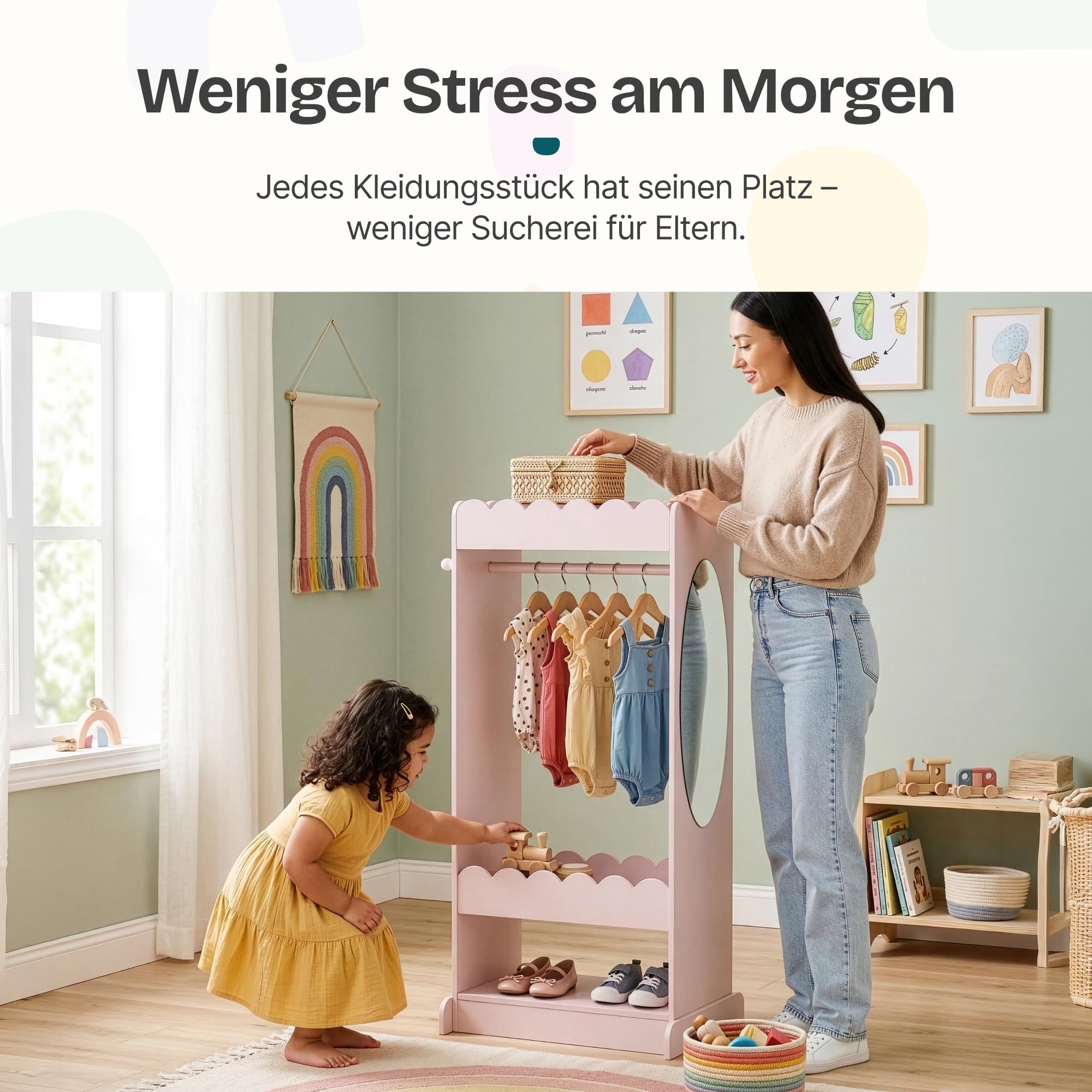 [en.casa] Kindergarderobe stehend Vestnes Kinder Kleiderschrank mit Spiegel und Kleiderstange 120 x 63 x 38 cm Kleiderständer mit 3 Haken Wellendesign Cotton Candy