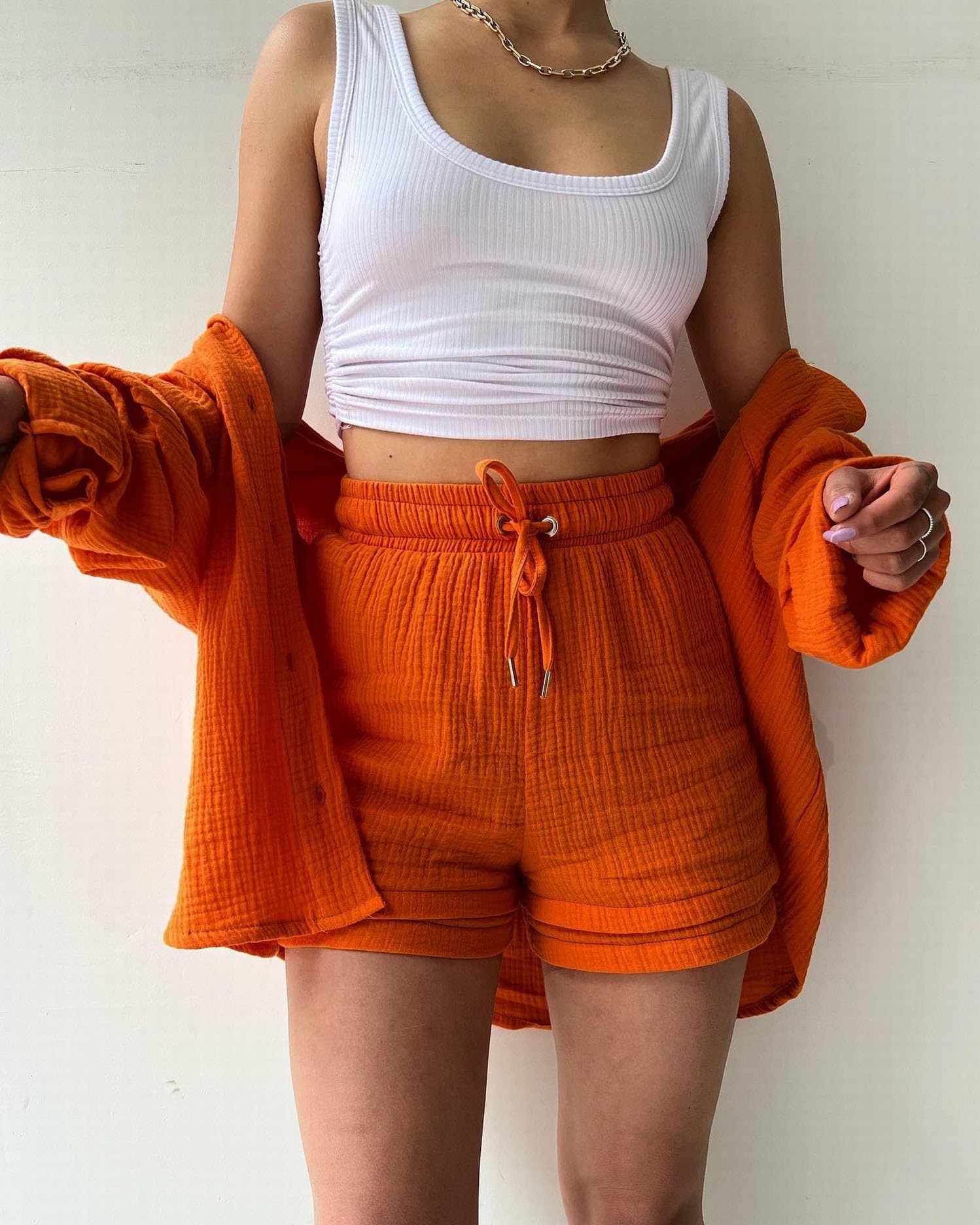 Damen Zweiteiler Sommer Musselin Bluse Hemd und Hosen Shorts Loungewear Damen Set Travel Outfit Elegant