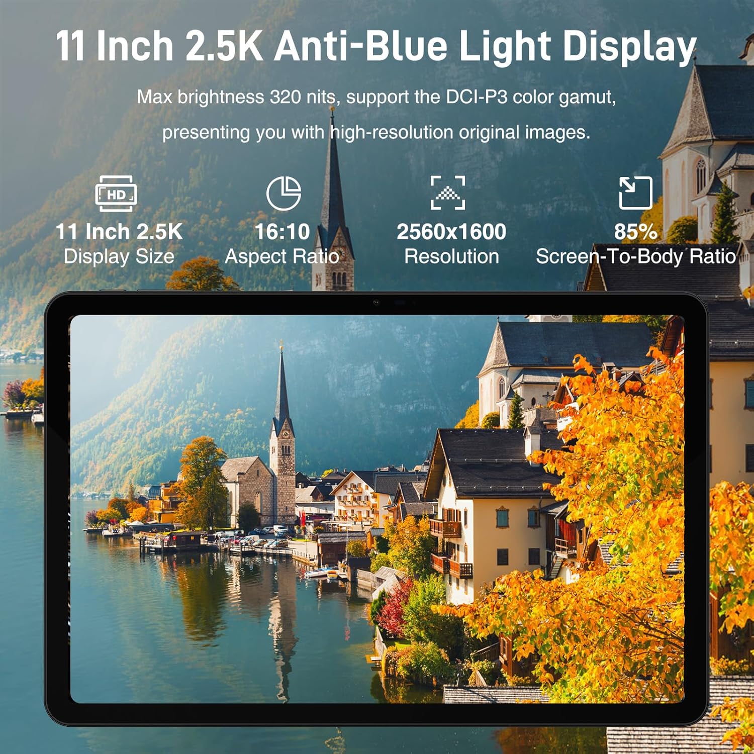 Tablet displaying a vibrant landscape with display specifications