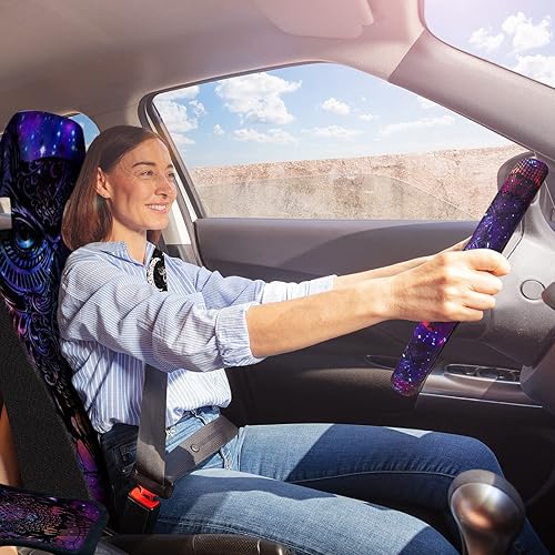 Miniatura 3 de Juego de 10 fundas de asiento de automóvil de búho colorido morado, fundas para volante de automóvil, almohadillas para cinturón de seguridad