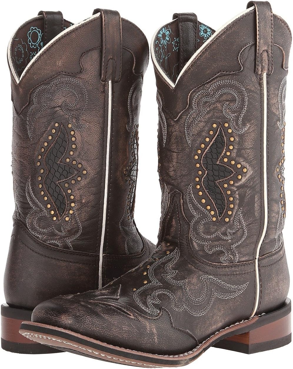 Laredo Womens Maddie Embroidered Round Toe Pull On Casual Boots Mid Calf Low Heel 1-2" - Brown