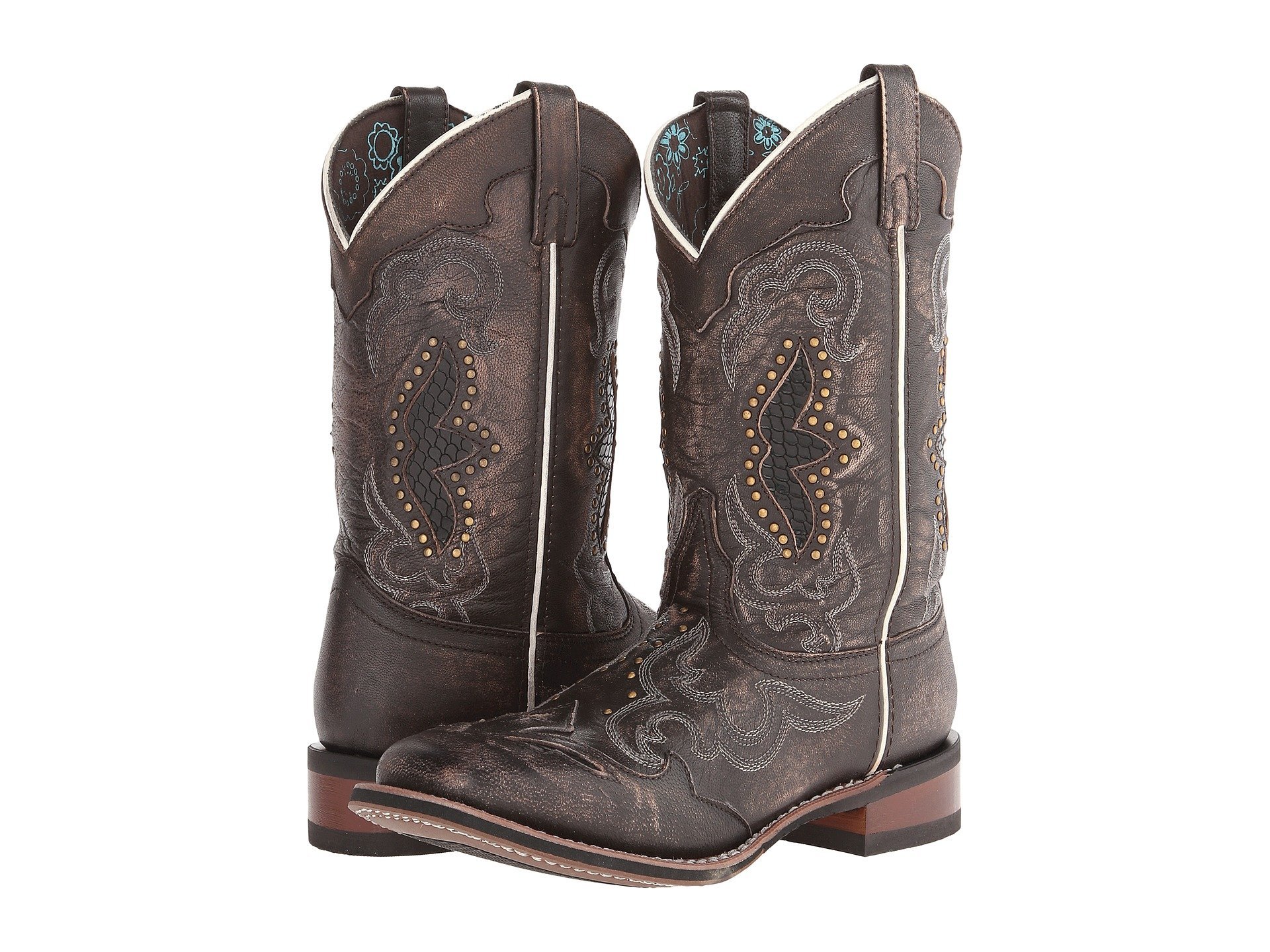 Womens Maddie Embroidered Round Toe Pull On Casual Boots Mid Calf Low Heel 1-2" - Brown