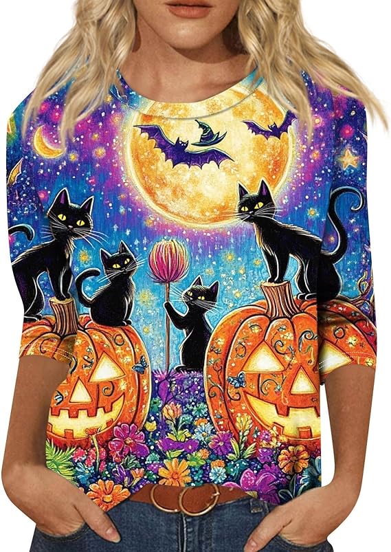 Cute Funny Halloween Shirts for Women Plus Size 3/4 Length Long Sleeve Womens Tops Witch Gothic Renaissance Shirt