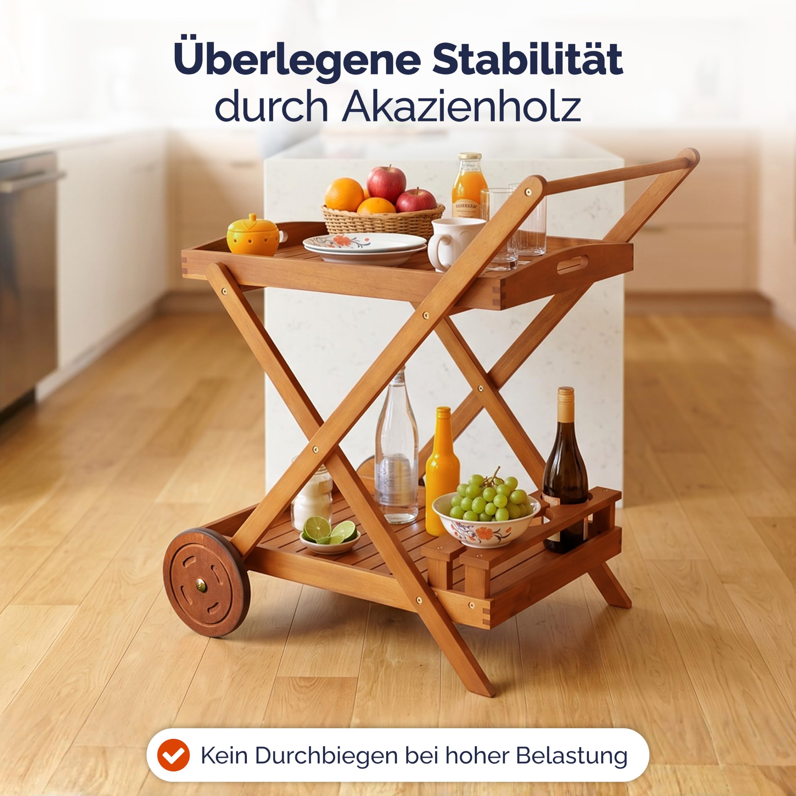 Casaria® Servierwagen mit Rollen Holz FSC®- Zertifiziert Akazie 2 Etagen Tablett 3 Flaschenhalter Outdoor Küche Garten Terrasse Küchenwagen Rollwagen