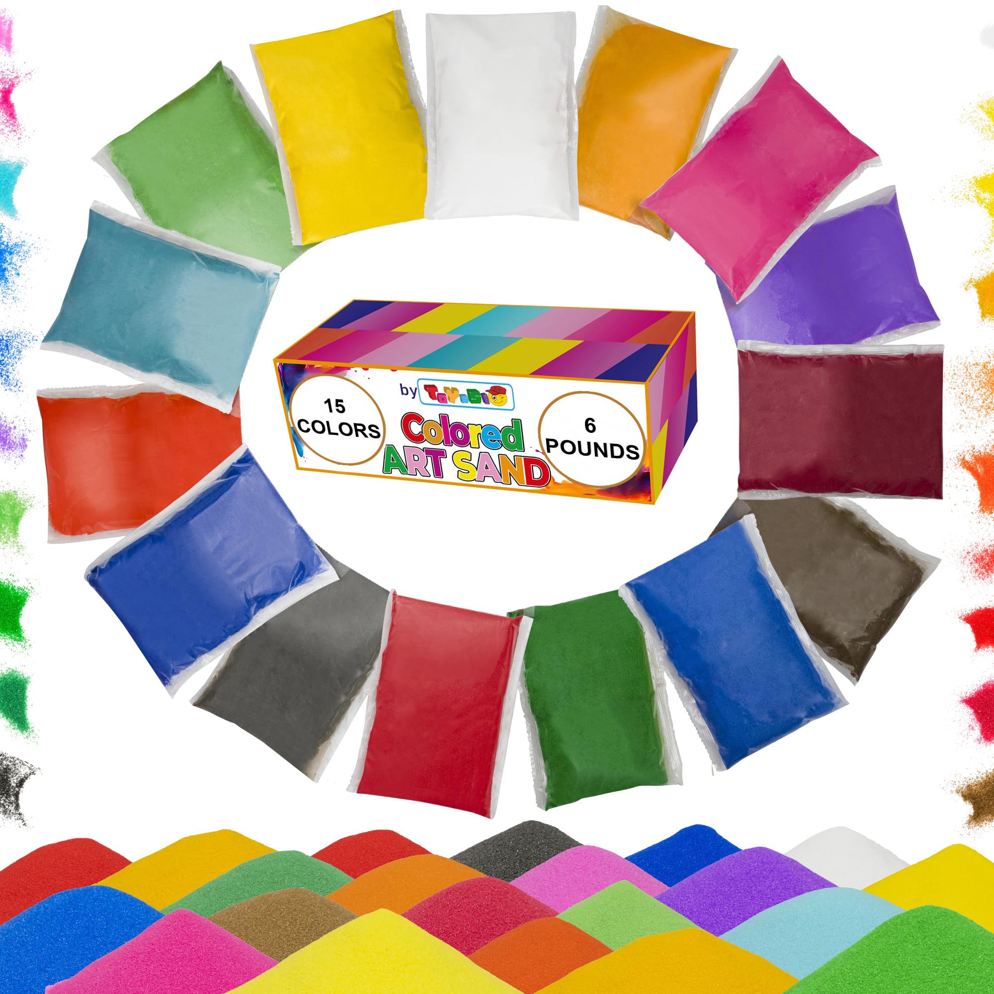 Toyssio - Colored Sand for Crafts [15 Colors: 6 lbs], Sand Art Bulk, Delightful Sands Art Fun for Parties, Children, Nice Colorful Fun Sandy Crafts for Kids Age 3+, Non-Toxic, 15 Bags