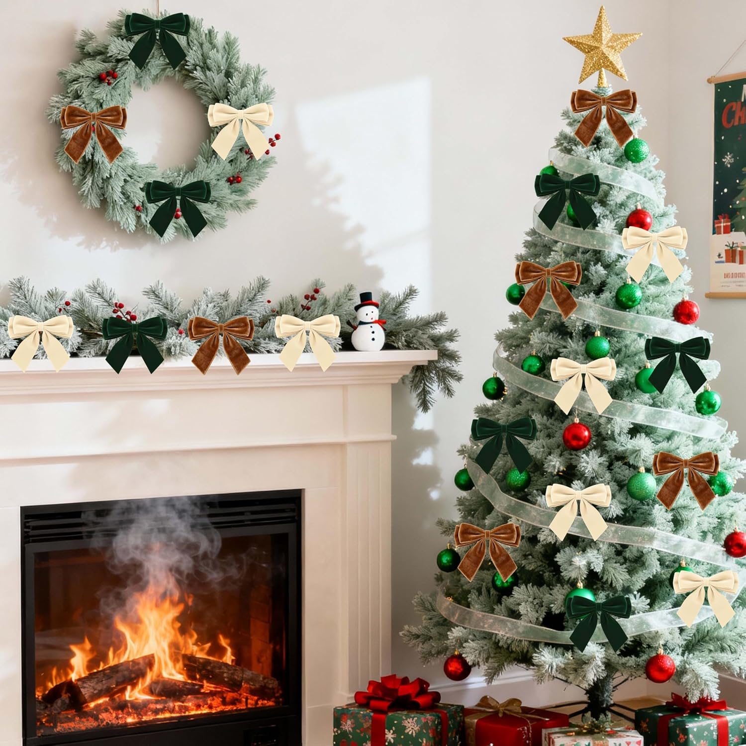 24Pcs Velvet Bows for Christmas Tree, Brown Beige Green Bows Christmas Decorations with Twist Tie, Bulk Vintage Velvet Ornaments for Wreath Garland Gift Wrapping Wedding Champagne Parties 3.5"x3.5" - Image 2