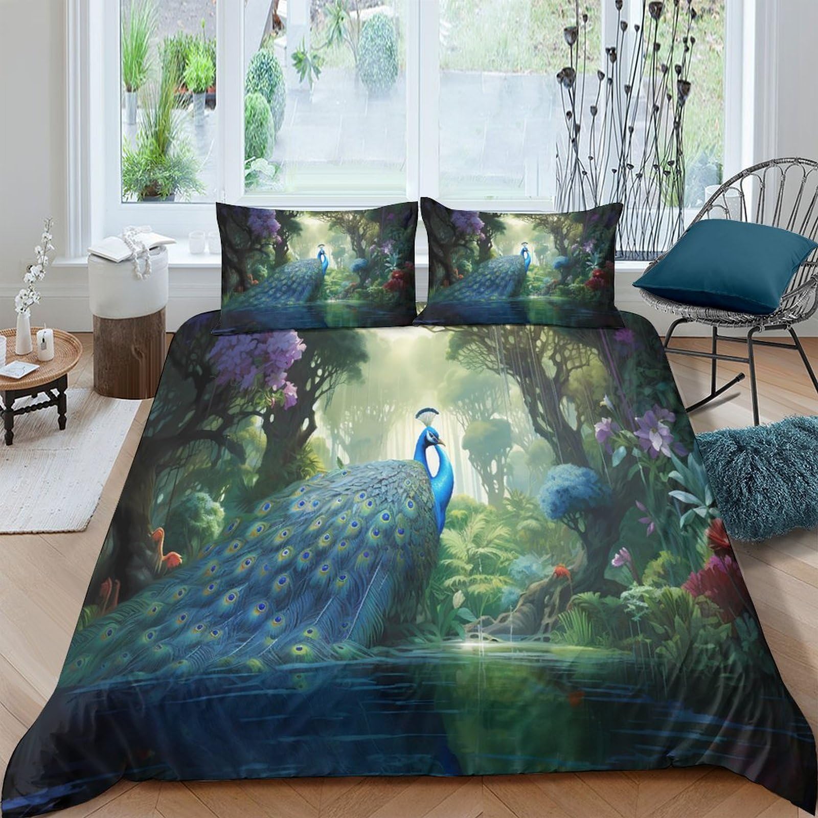 Ctjqhvkz Style-1 3D Printed Enchanted Peacock Forest Fitted Sheet Microfiber Anti-Slip Bed Sheet For Bedroom Dorm Mattress Decor Single（135X200cm）