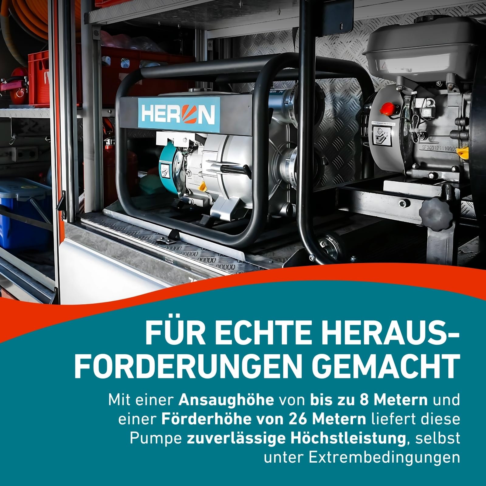 Heron Motorschlammpumpe 6,5 PS I Schmutzwasserpumpe mit 1300l/min Durchflusskapazität I Schlammpumpe zum Abpumpen von verunreinigtem Wasser aus Baugruben, überschwemmten Gebieten uvm