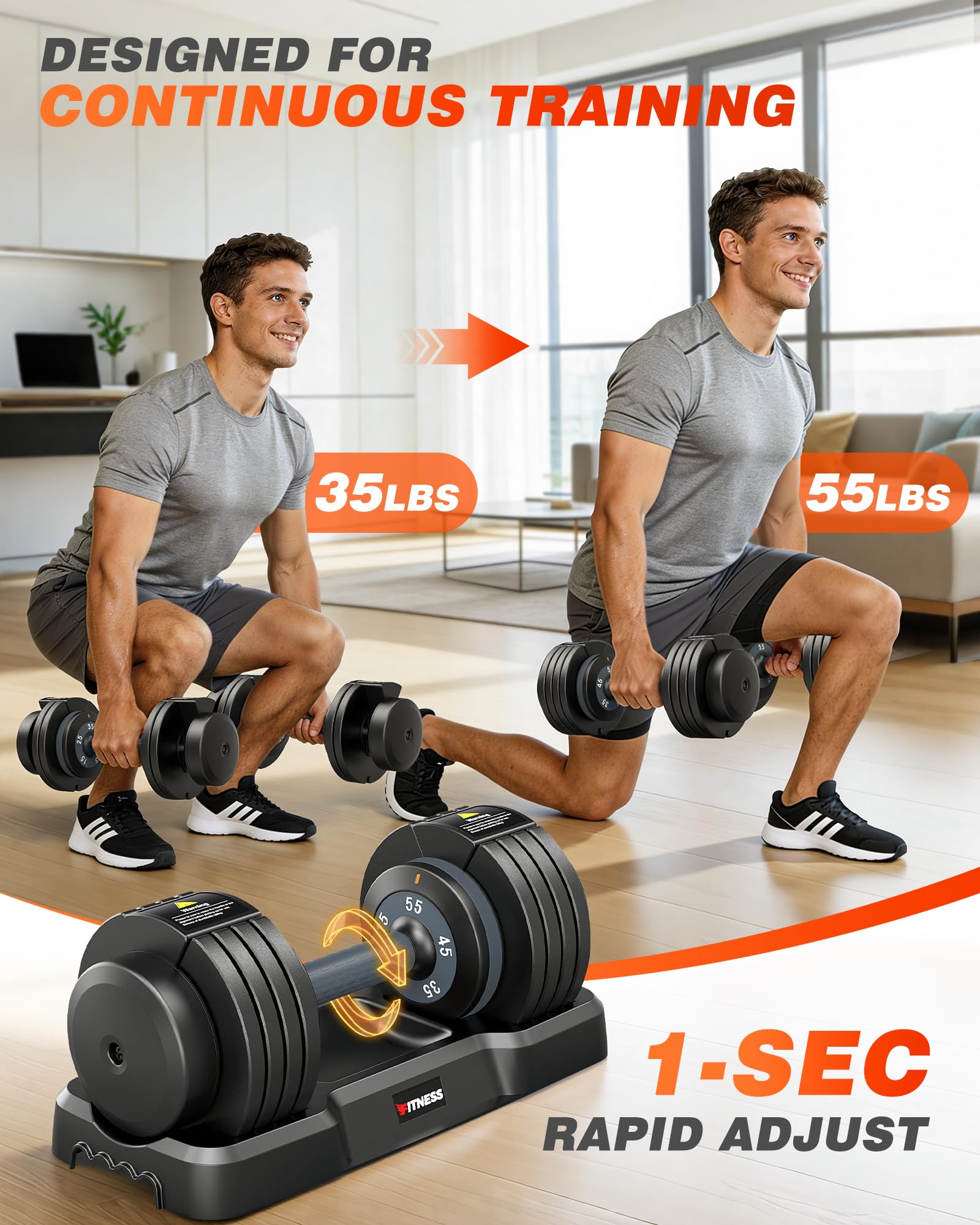 Adjustable Dumbbell Set, 25/55/80 LB Weight Set for Home Workout | 1-Sec Fast Weight Change, Non-Slip Secure Grip, Space-Saving Design with Storage Tray, Strength Training Equipment