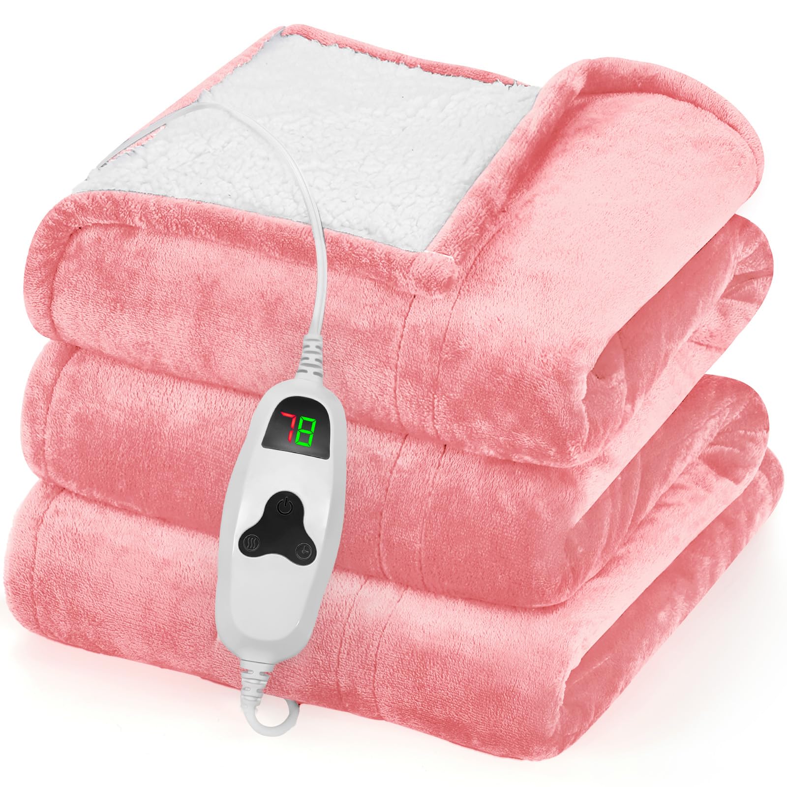 greenoak Heated Blanket Electric Throw 50"X60", Heating Blanket with 10 Heat Levels 1/2/4/6/8 Hours Auto-Off Overheat Protection, Flannel Sherpa Soft Warm Heater, ETL Certified Baby Pink