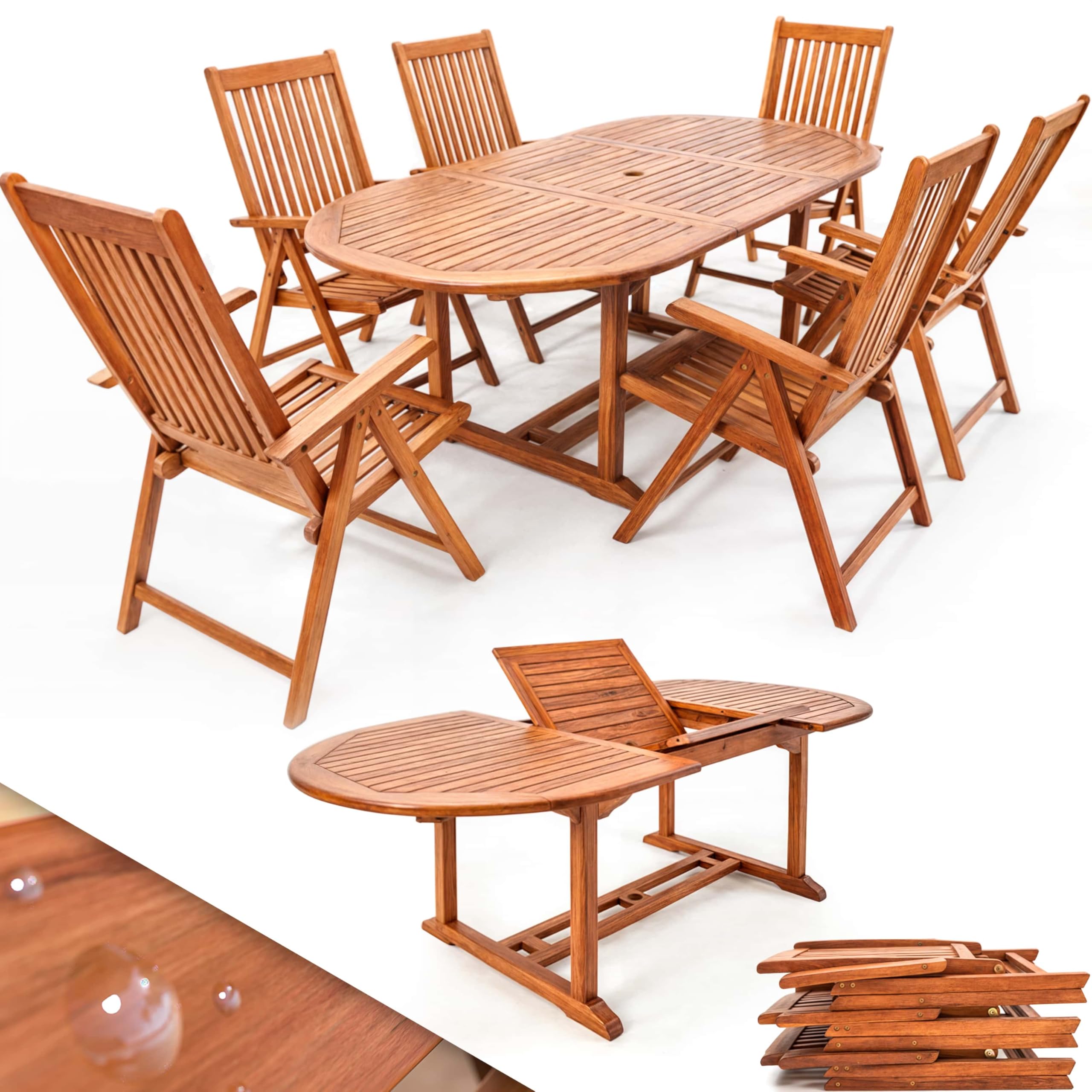 CASARIA® Conjunto de Jardín Exterior Mesa 6 Sillas Juego Comedor Patio Terraza Madera Eucalipto FSC® Asientos Ajustables 5 Posiciones Apilables Tablero Ampliable Apto Sombrilla Resistente Intemperie