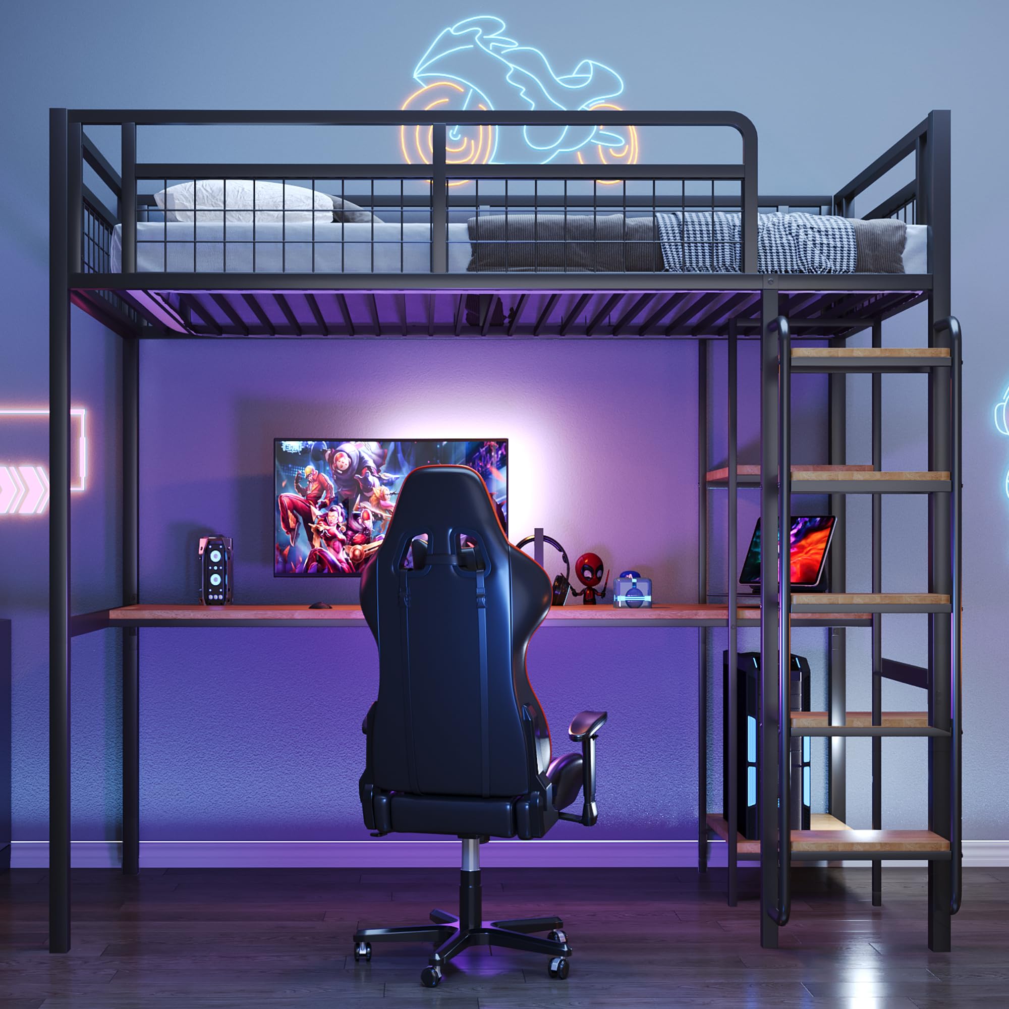 Kebnor Cama alta de metal, escalera de seguridad con peldaños, cama individual, cuna con mesa y estantes, valla de seguridad de malla metálica (sin colchón) (negro, 90 x 200 cm)