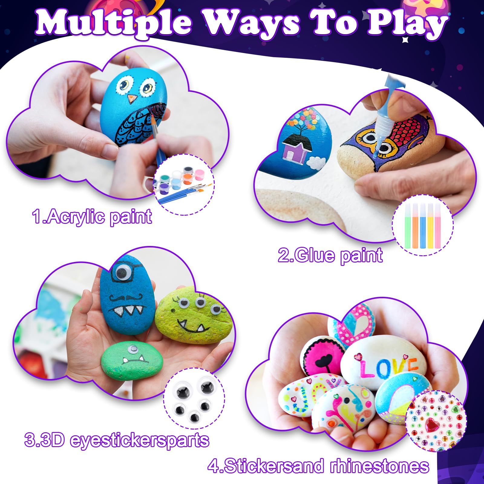 Rock Painting Kit, Glow in The Dark Pouring Rock Kit for Children Aged 5, 6, 7, 8, 9, 10 Years and Up, Creative Stone Painting, 10 Craft Stone Painting Set, 6 Colors, Gift for Girls 6-12 Years - Image 4
